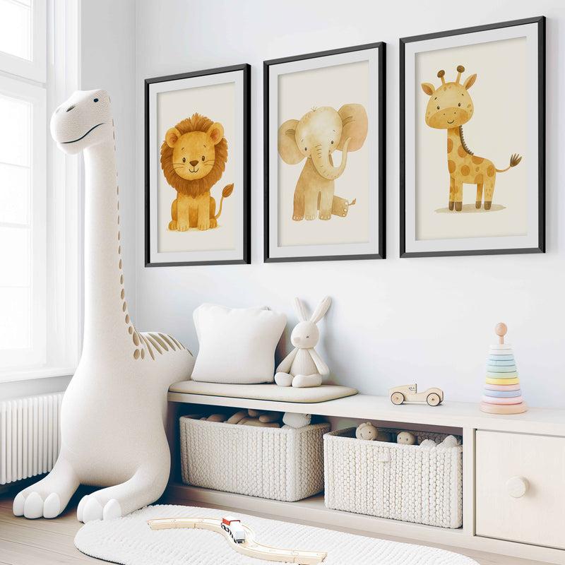 Nursery Decor Wall Art – Lion, Elephant & Giraffe Set - Black Framed Poster with White Border - Artworksets