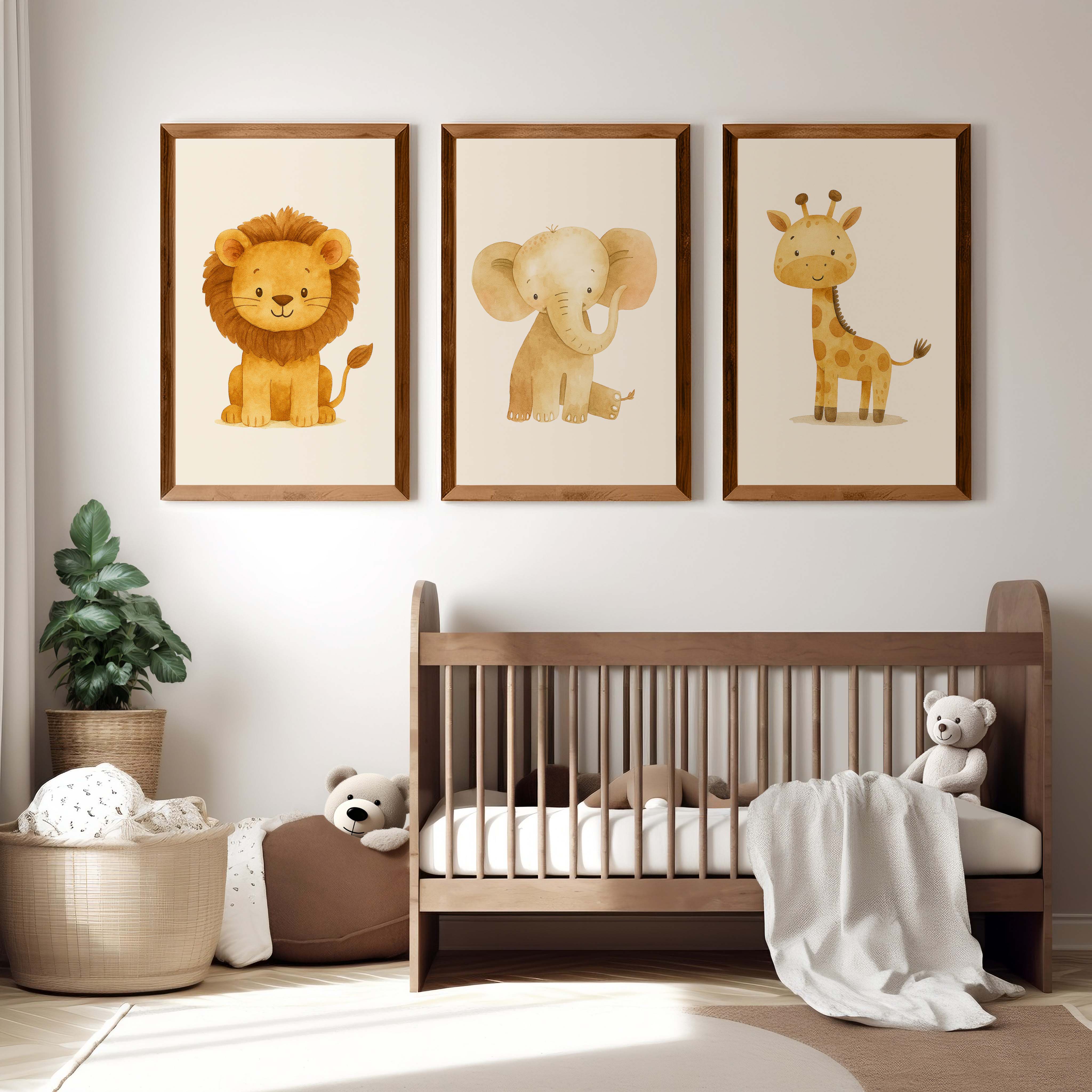 Nursery Decor Wall Art – Lion, Elephant & Giraffe Set - Dark Brown Framed Poster No Border - Artworksets