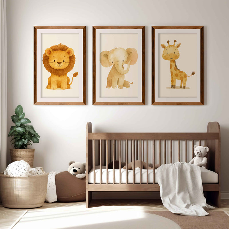 Nursery Decor Wall Art – Lion, Elephant & Giraffe Set - Dark Brown Framed Poster with White Border - Artworksets