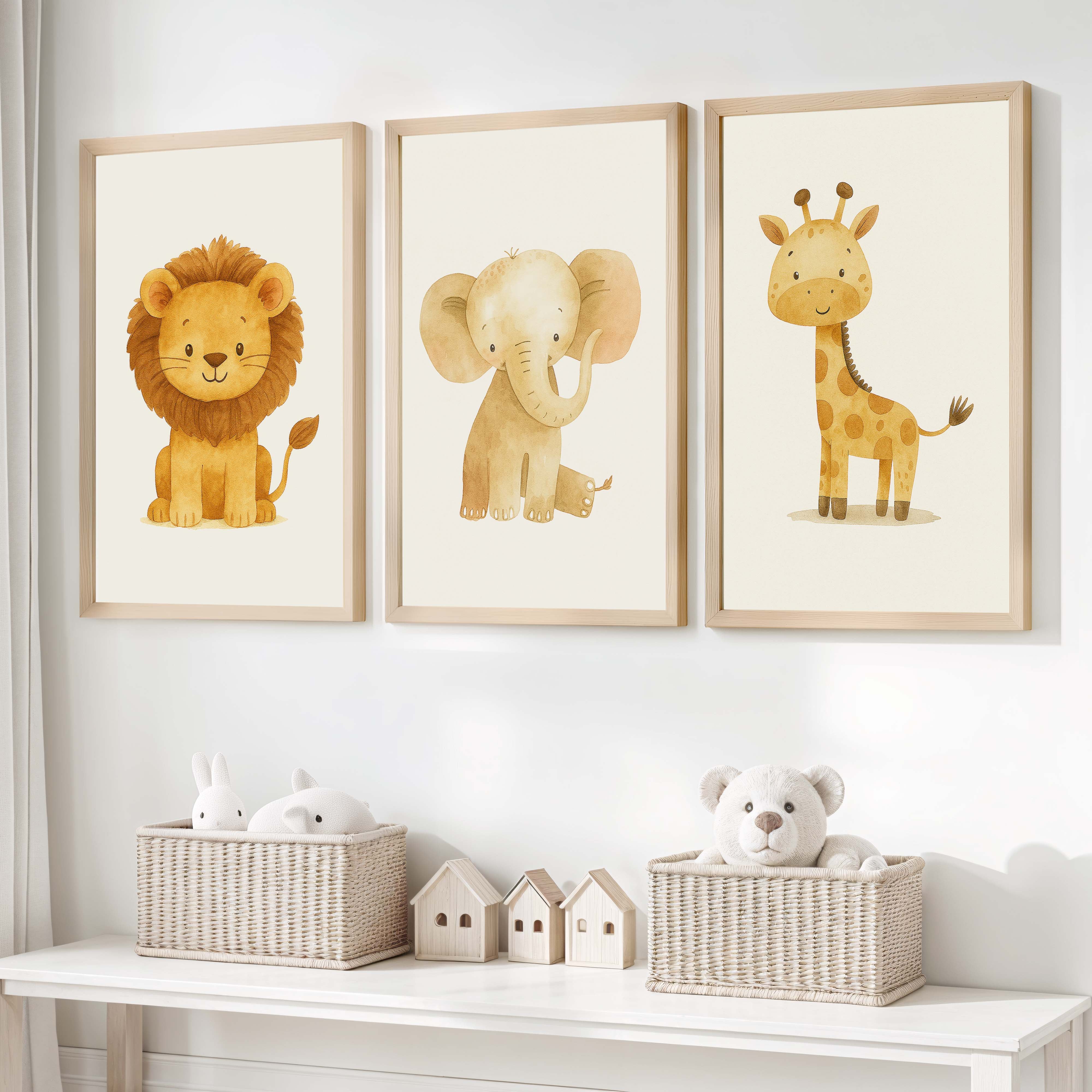 Nursery Decor Wall Art – Lion, Elephant & Giraffe Set - Natural Wood Framed Poster No Border - Artworksets