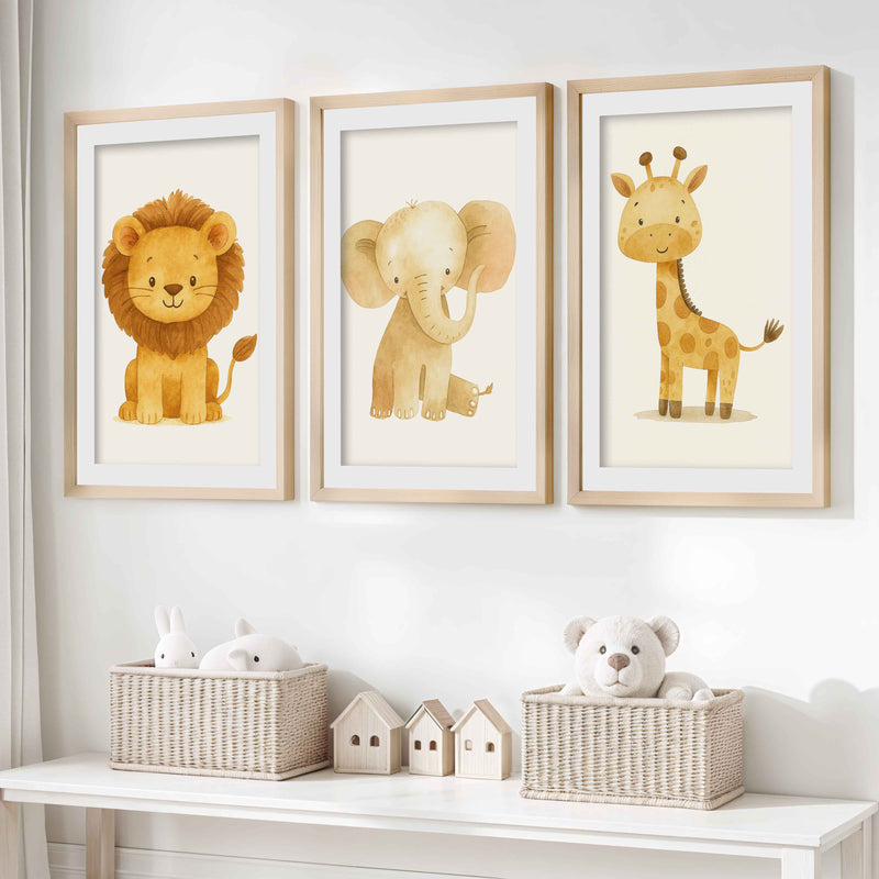 Nursery Decor Wall Art – Lion, Elephant & Giraffe Set- Natural Wood Framed Poster with White Border - Artworksets