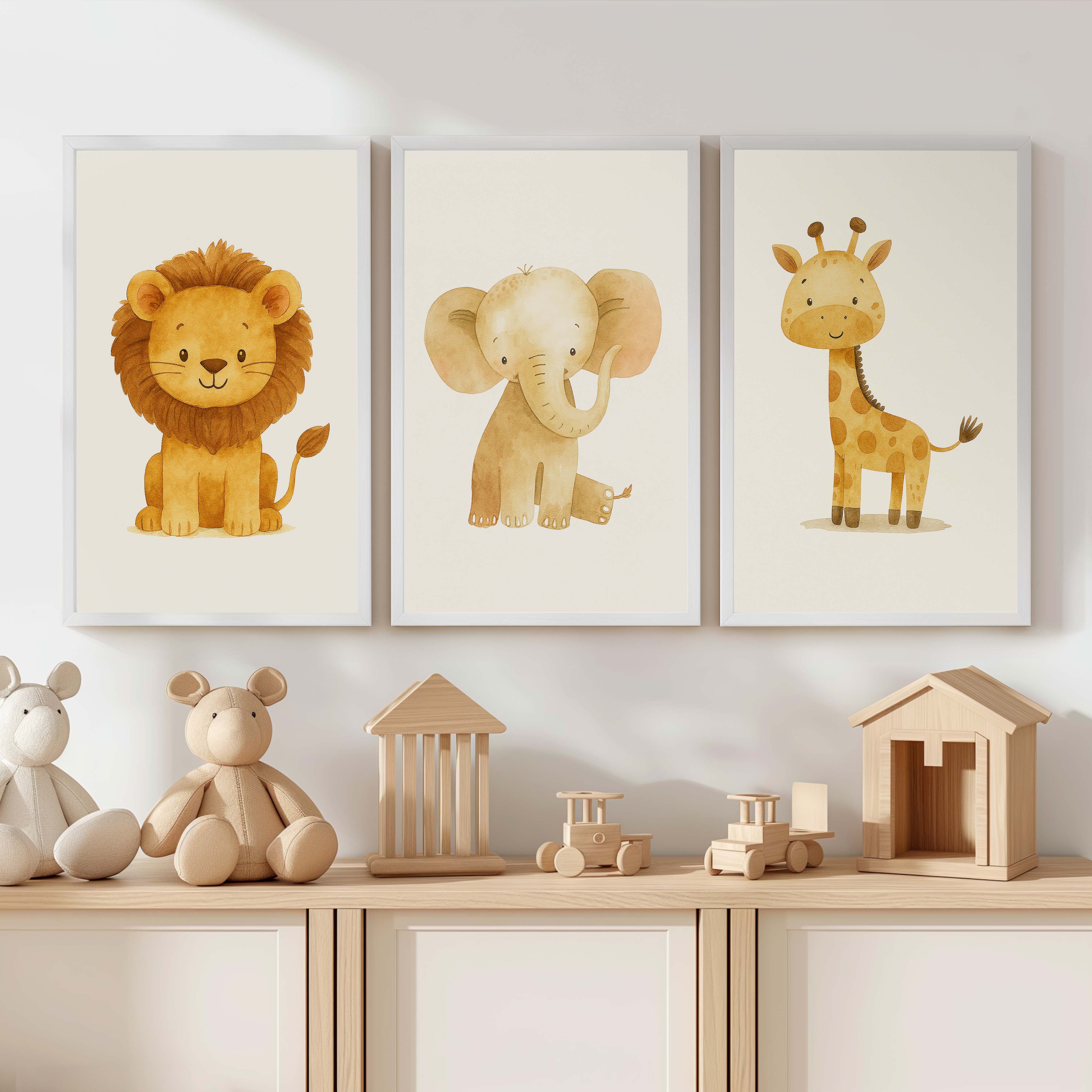 Nursery Decor Wall Art – Lion, Elephant & Giraffe Set - White Framed Poster No Border - Artworksets