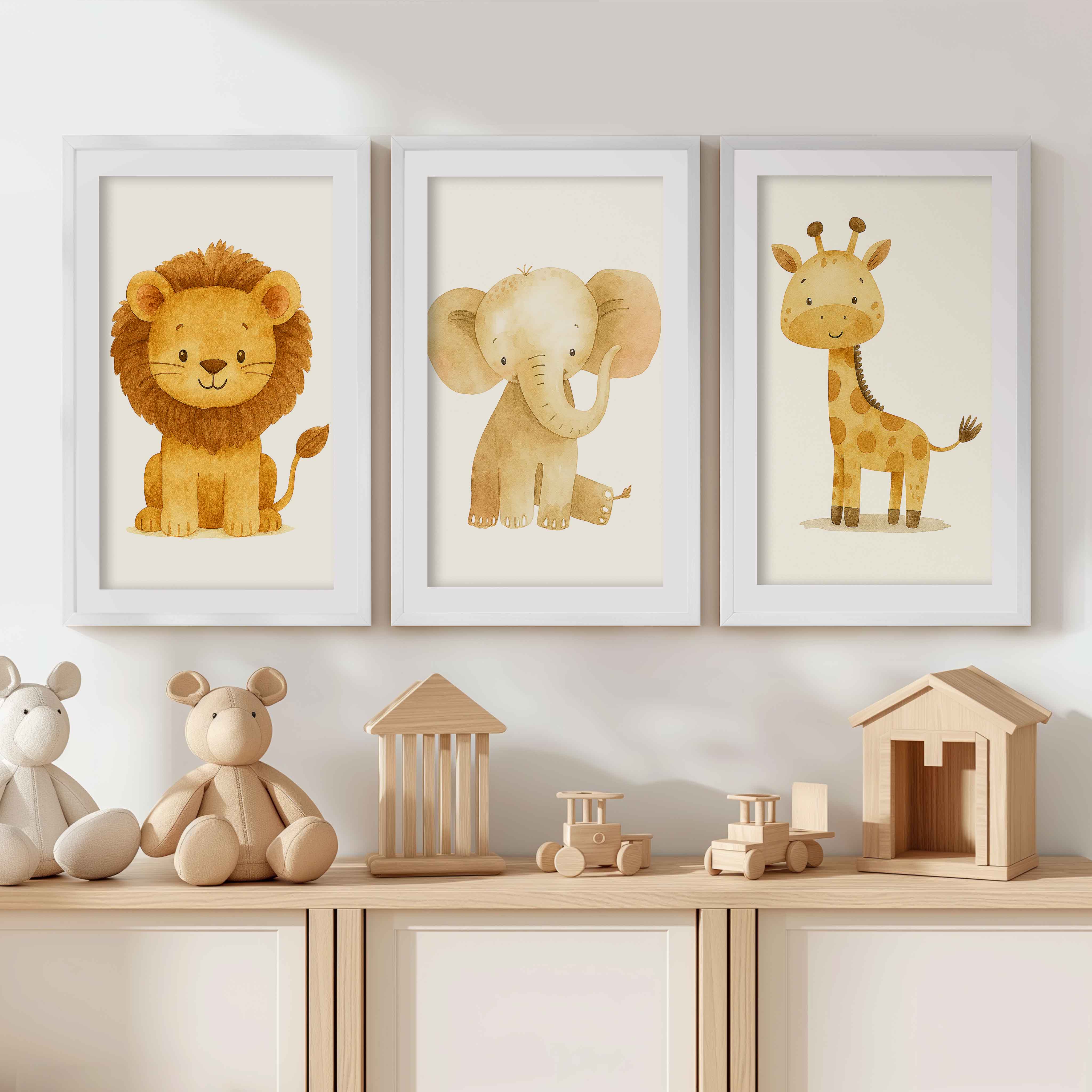 Nursery Decor Wall Art – Lion, Elephant & Giraffe Set - White Framed Poster with White Border - Artworksets