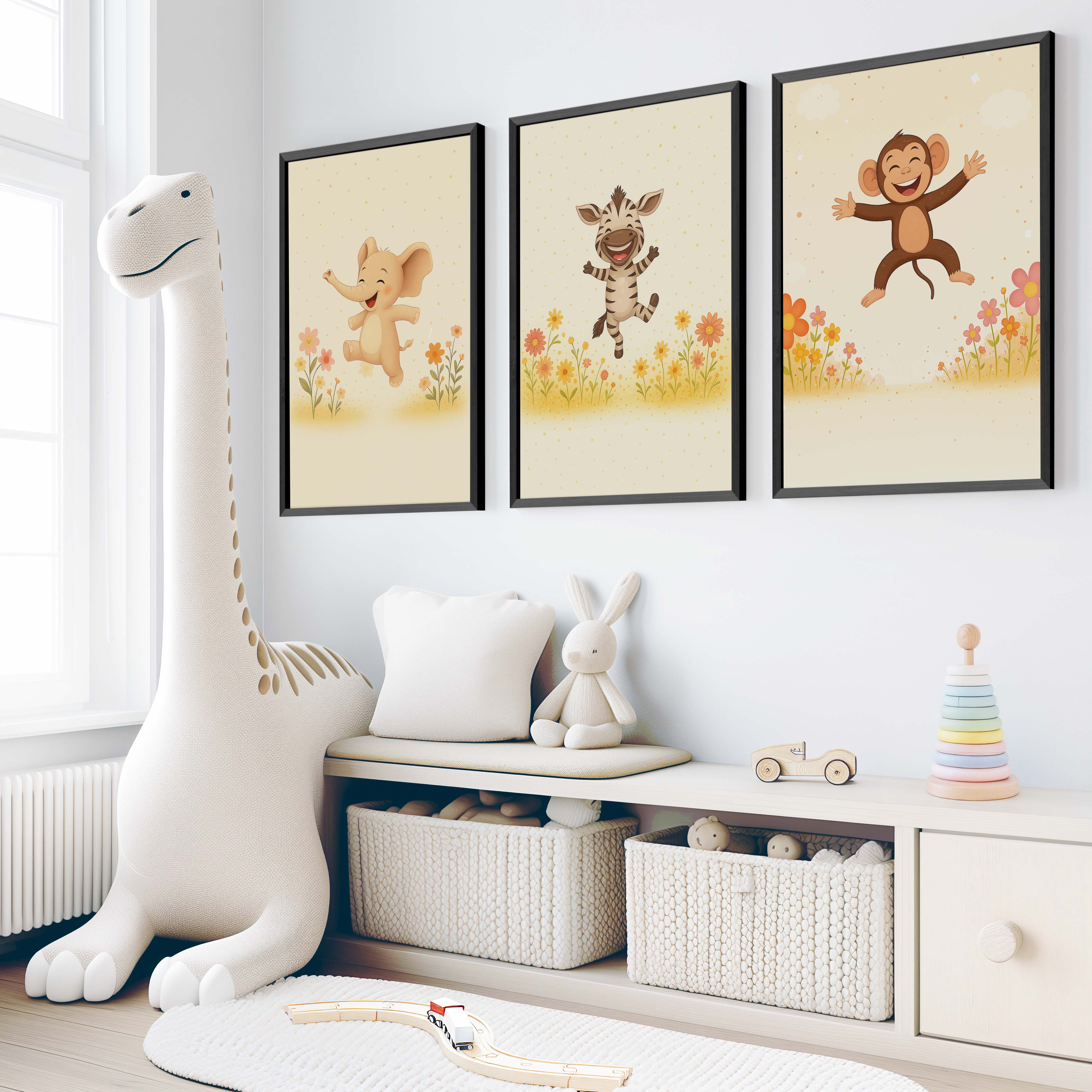 Nursery Room Wall Art – Elephant, Zebra & Monkey Prints - Black Framed Poster No Border - Artworksets