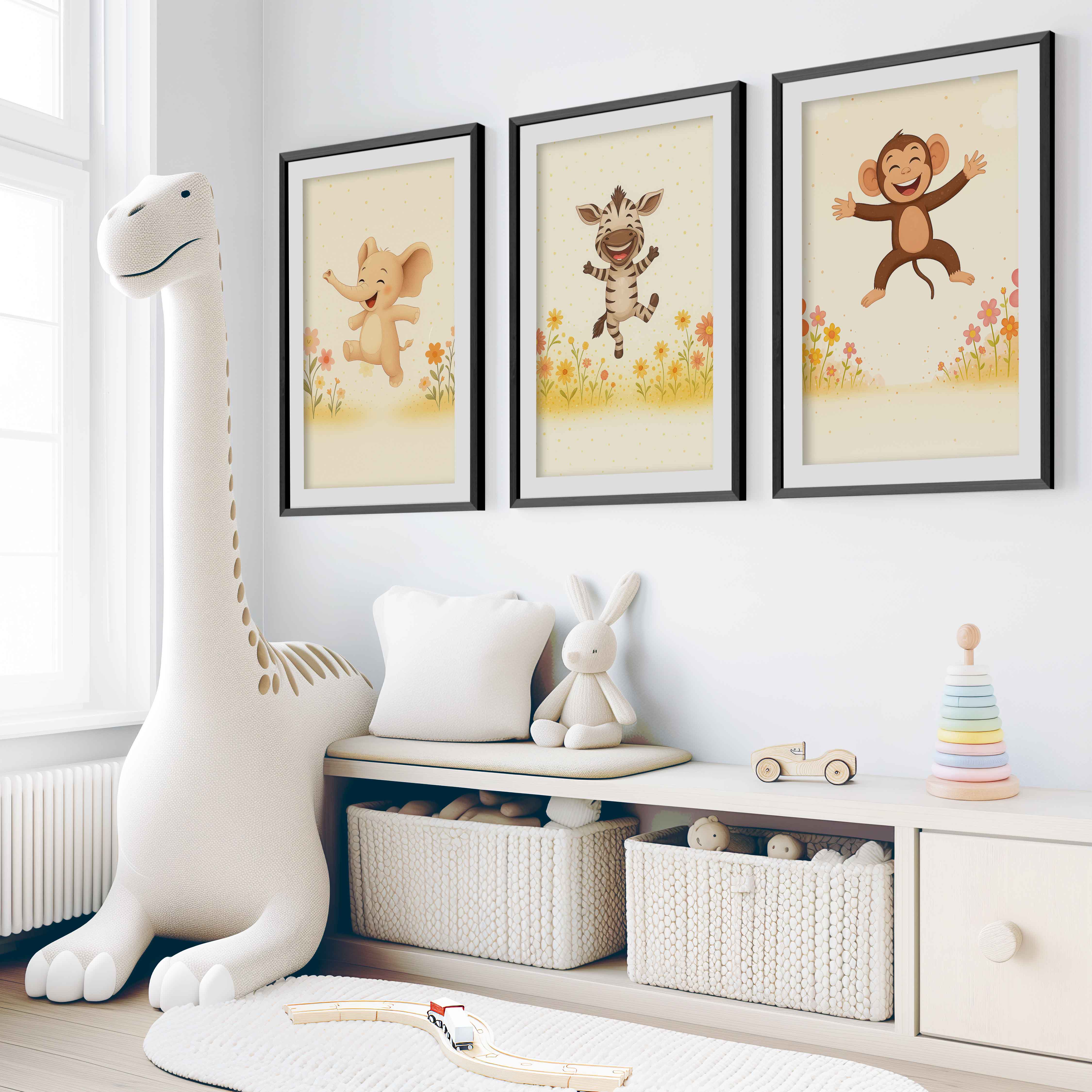 Nursery Room Wall Art – Elephant, Zebra & Monkey Prints - Black Framed Poster with White Border - Artworksets