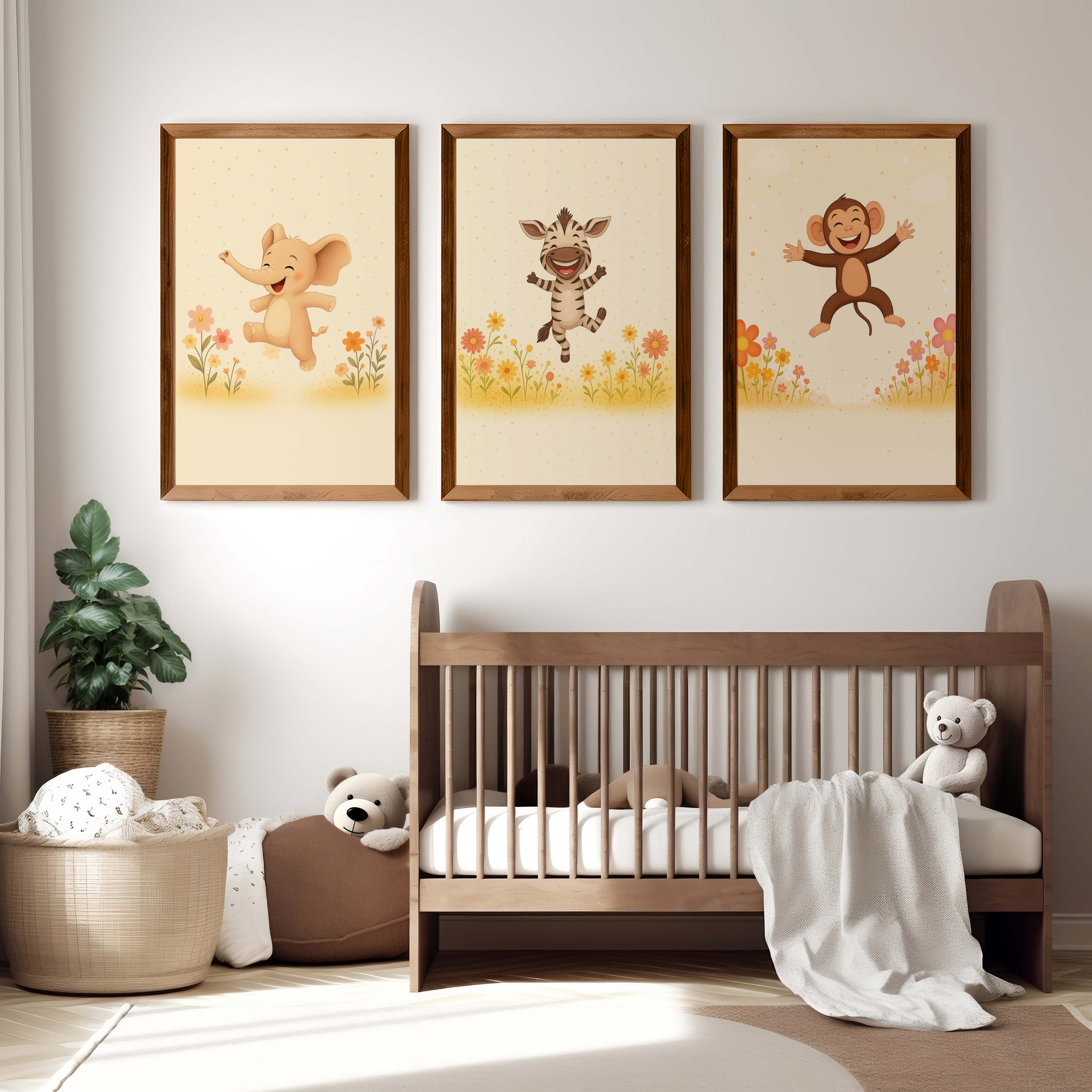 Nursery Room Wall Art – Elephant, Zebra & Monkey Prints - Dark Brown Framed Poster No Border - Artworksets