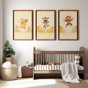 Nursery Room Wall Art – Elephant, Zebra & Monkey Prints - Dark Brown Framed Poster No Border - Artworksets