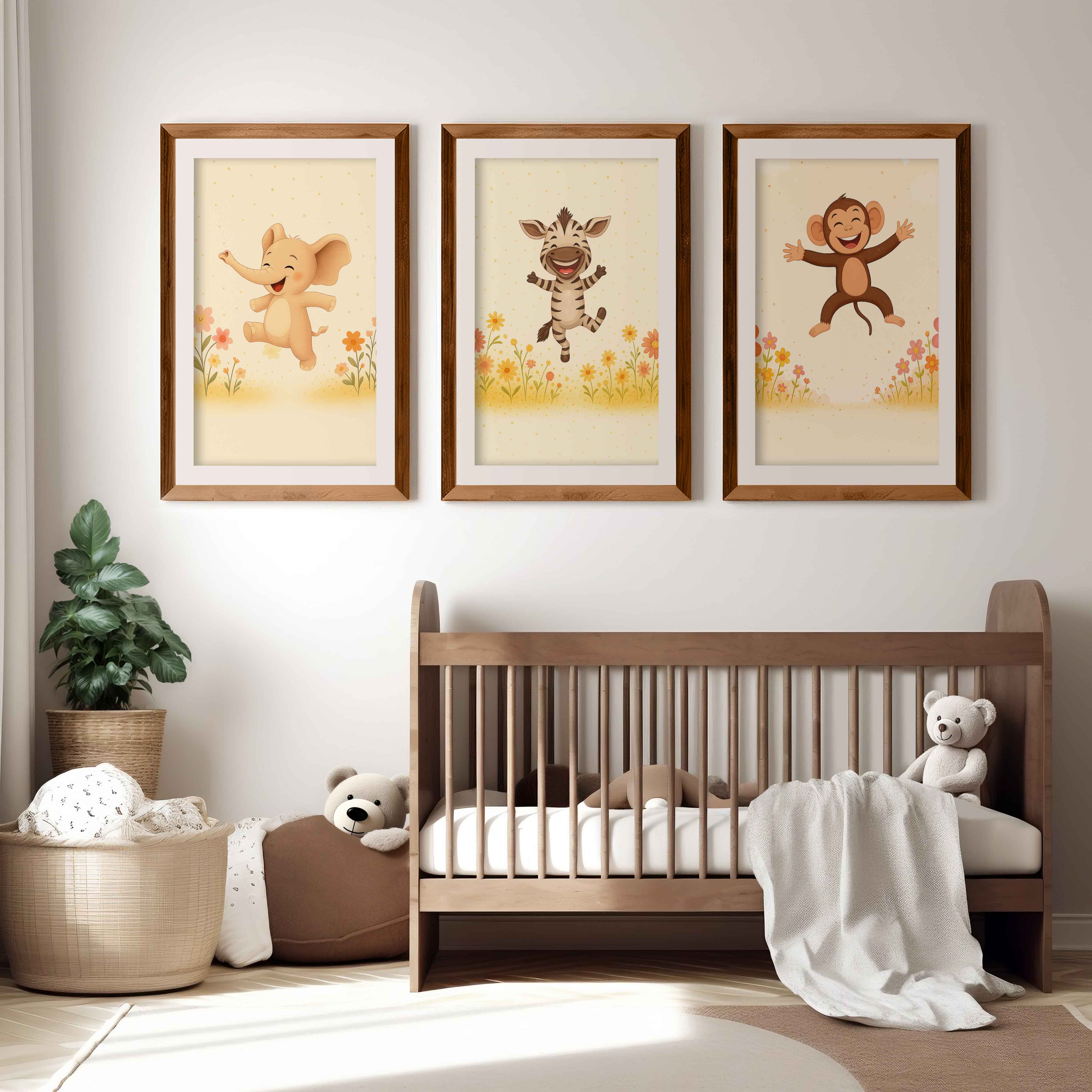 Nursery Room Wall Art – Elephant, Zebra & Monkey Prints - Dark Brown Framed Poster with White Border - Artworksets