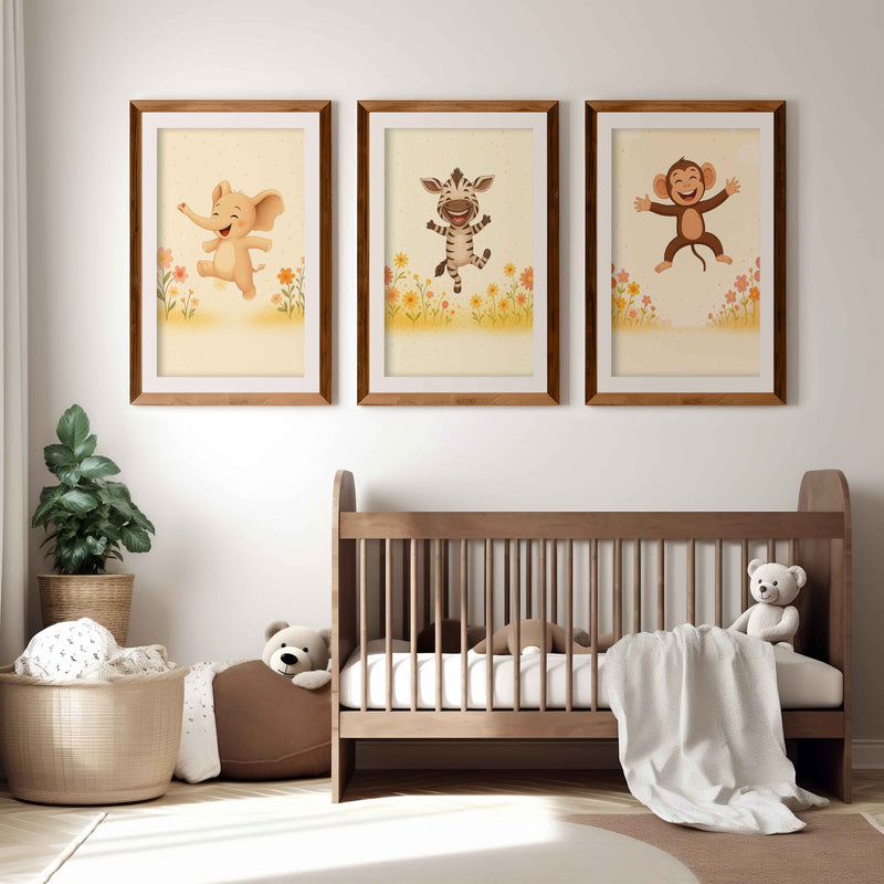 Nursery Room Wall Art – Elephant, Zebra & Monkey Prints - Dark Brown Framed Poster with White Border - Artworksets