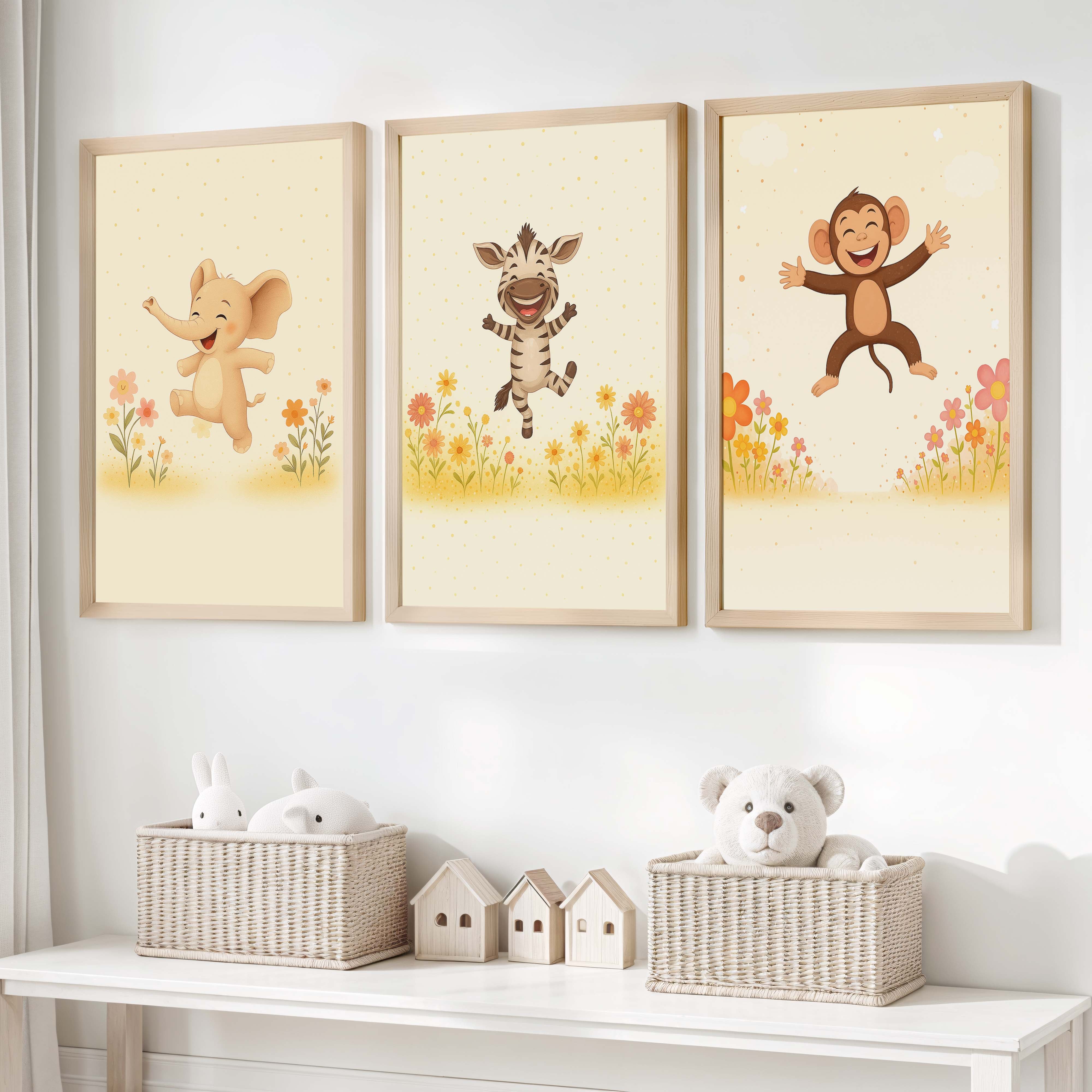 Nursery Room Wall Art – Elephant, Zebra & Monkey Prints - Natural Wood Framed Poster No Border - Artworksets