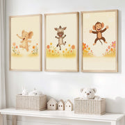 Nursery Room Wall Art – Elephant, Zebra & Monkey Prints - Natural Wood Framed Poster No Border - Artworksets