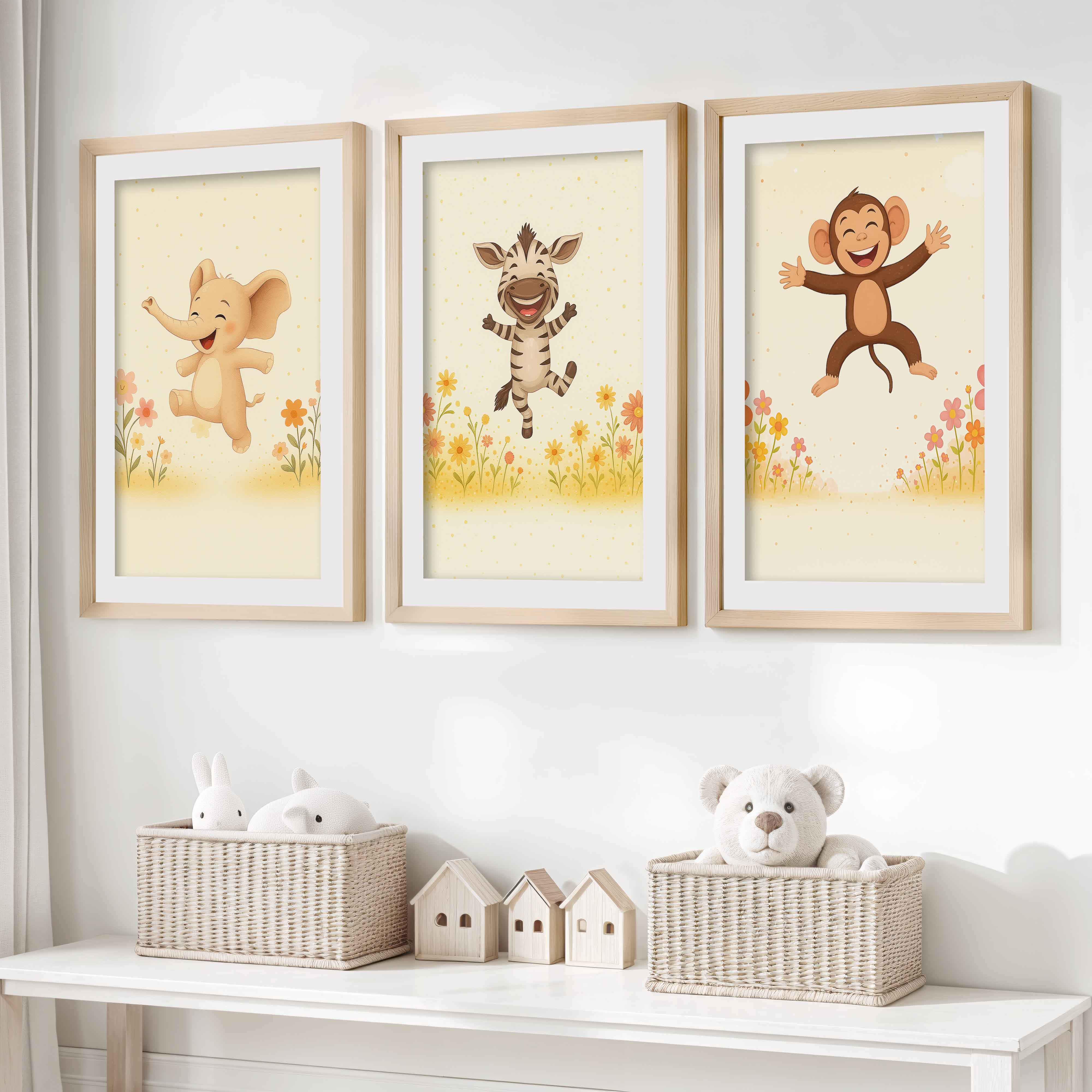 Nursery Room Wall Art – Elephant, Zebra & Monkey Prints- Natural Wood Framed Poster with White Border - Artworksets