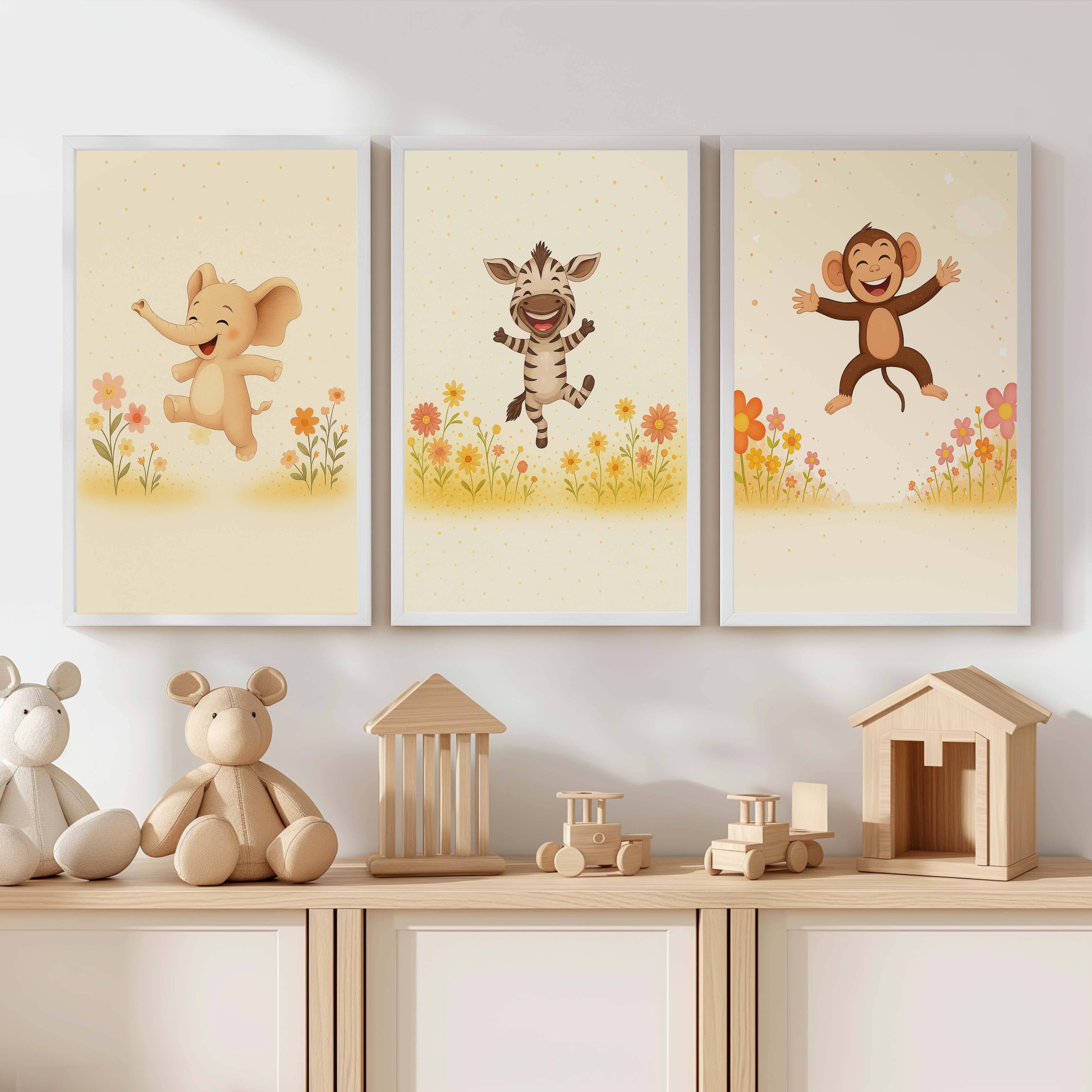 Nursery Room Wall Art – Elephant, Zebra & Monkey Prints - White Framed Poster No Border - Artworksets