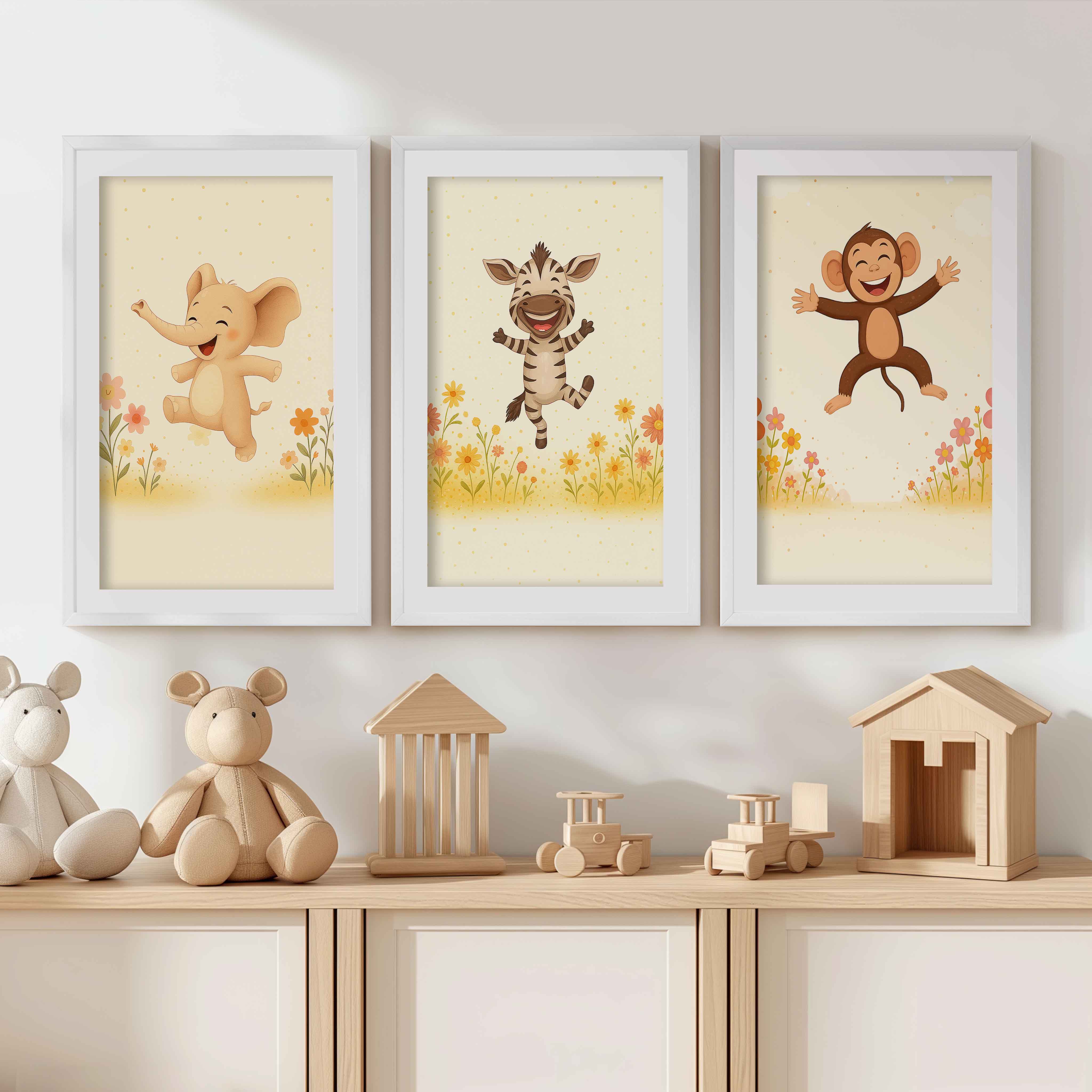 Nursery Room Wall Art – Elephant, Zebra & Monkey Prints - White Framed Poster with White Border - Artworksets