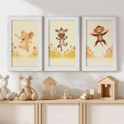 Nursery Room Wall Art – Elephant, Zebra & Monkey Prints - White Framed Poster with White Border - Artworksets
