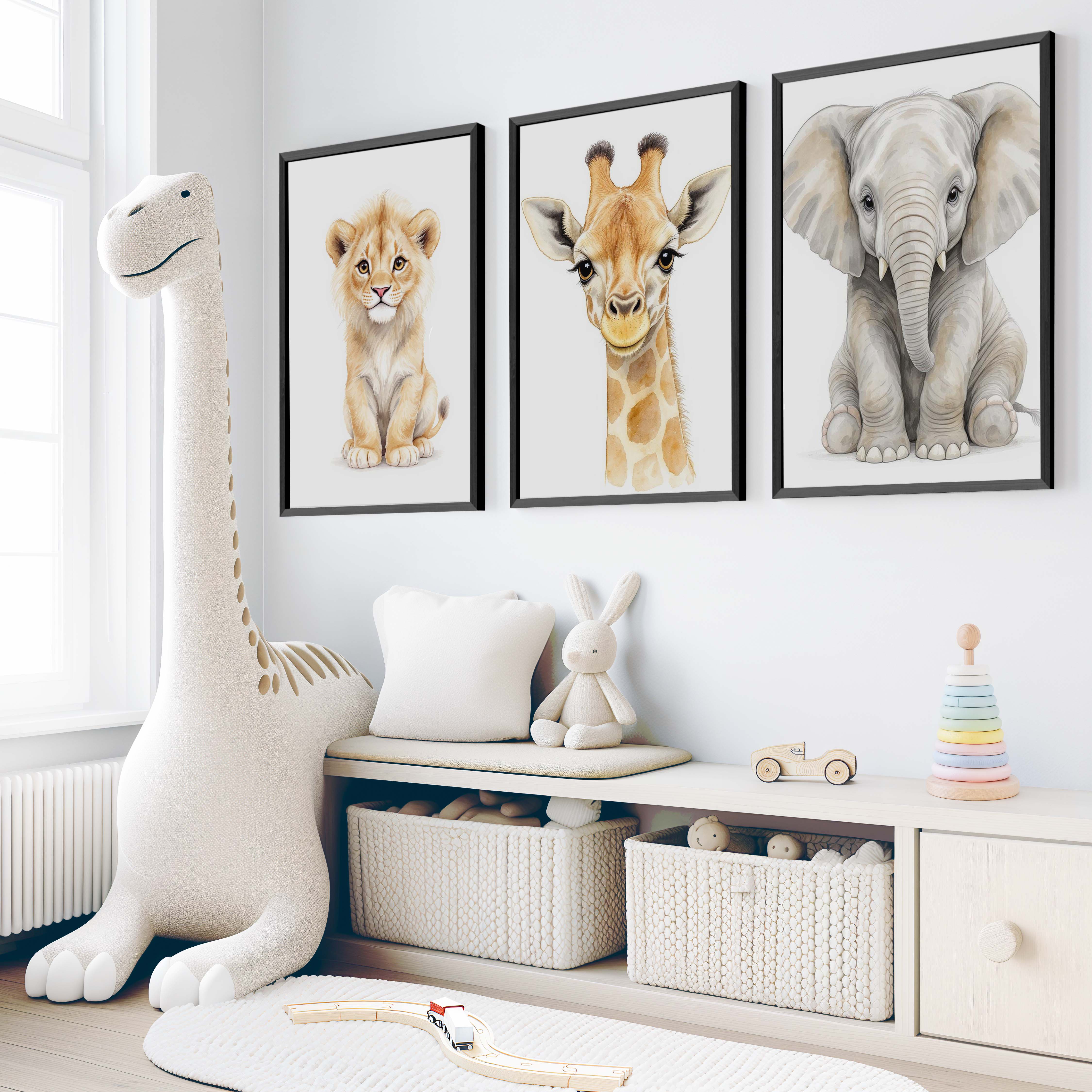 Safari Animal Nursery Room Wall Decor – Set of 3 Prints - Black Framed Poster No Border - Artworksets