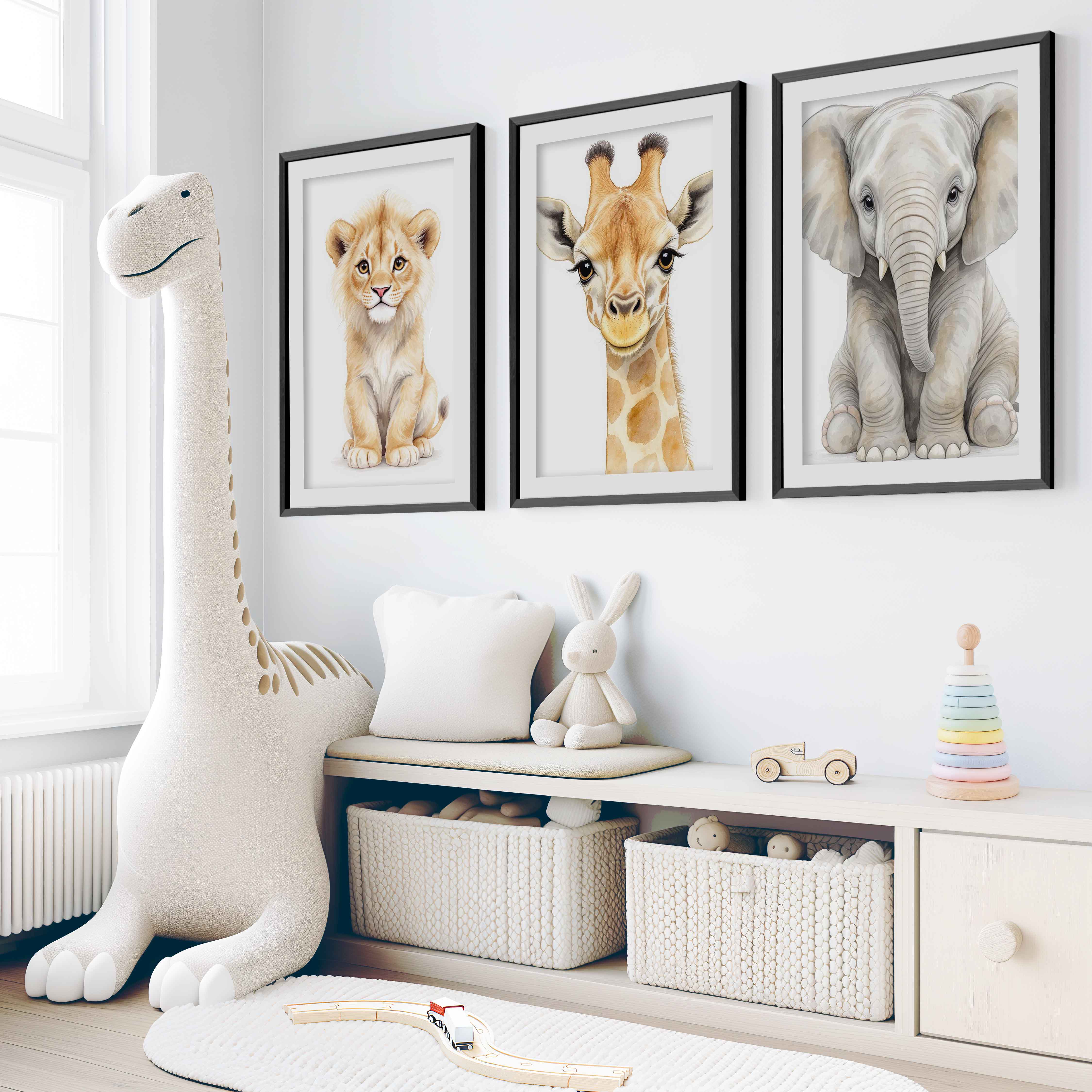 Safari Animal Nursery Room Wall Decor – Set of 3 Prints - Black Framed Poster with White Border - Artworksets