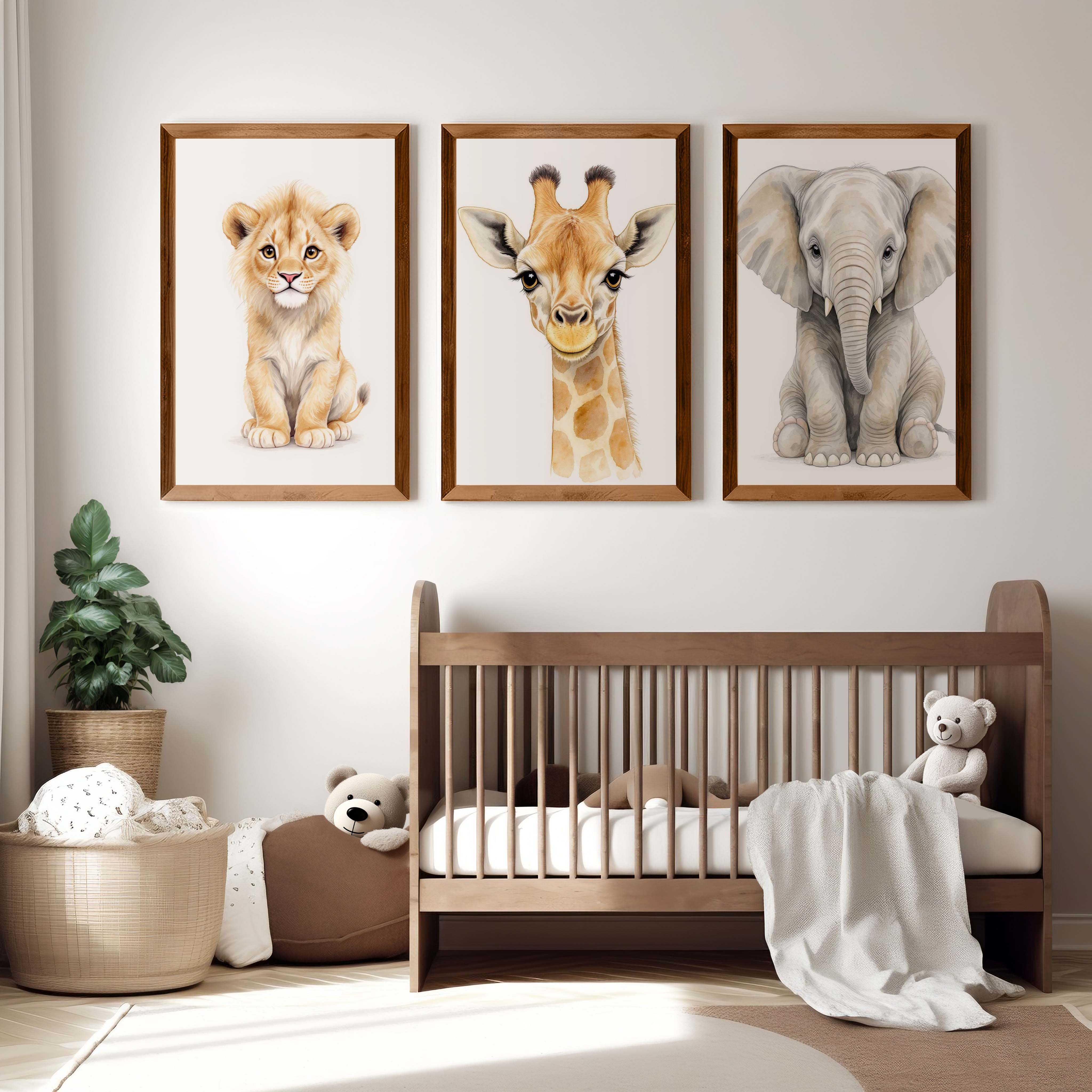 Safari Animal Nursery Room Wall Decor – Set of 3 Prints - Dark Brown Framed Poster No Border - Artworksets