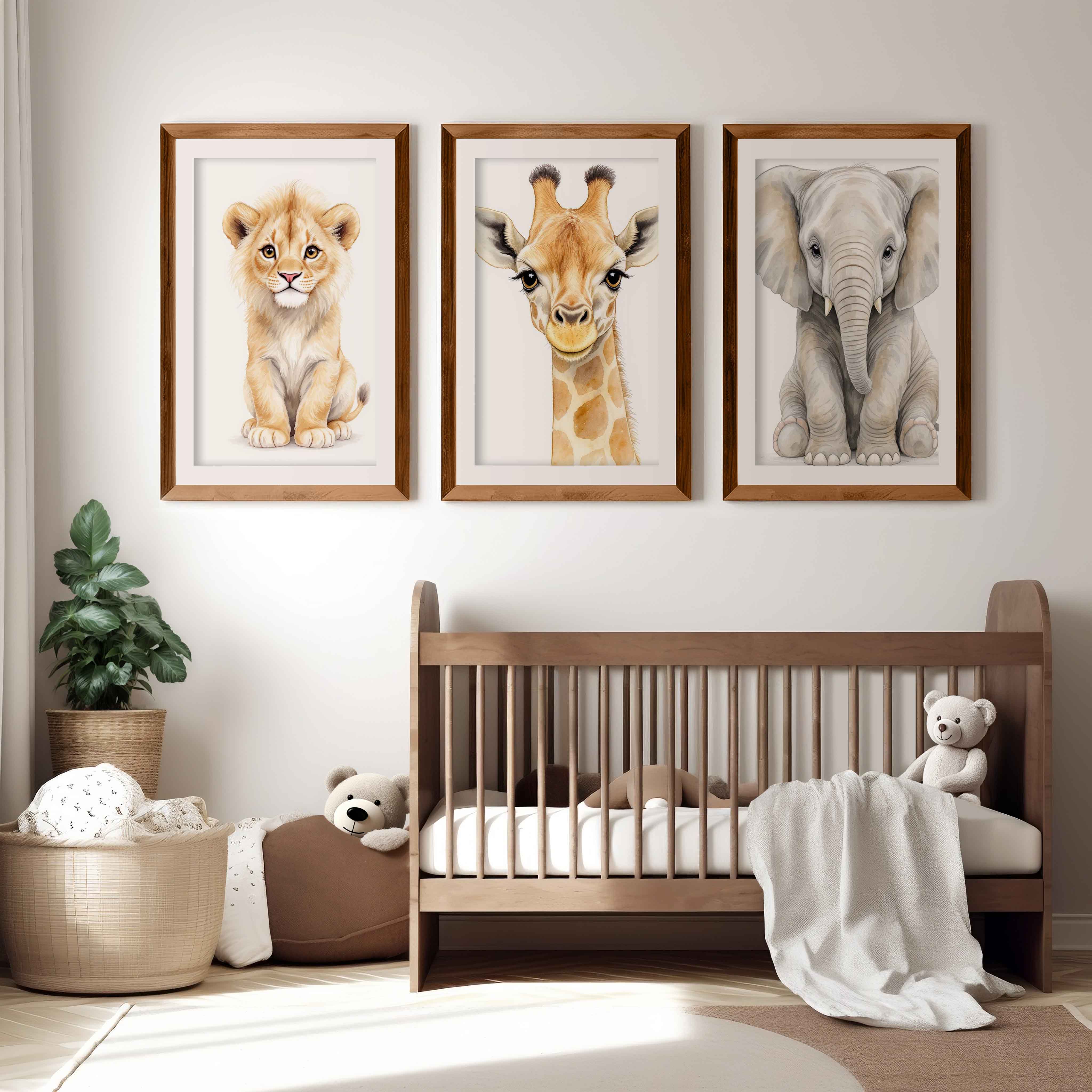 Safari Animal Nursery Room Wall Decor – Set of 3 Prints - Dark Brown Framed Poster with White Border - Artworksets