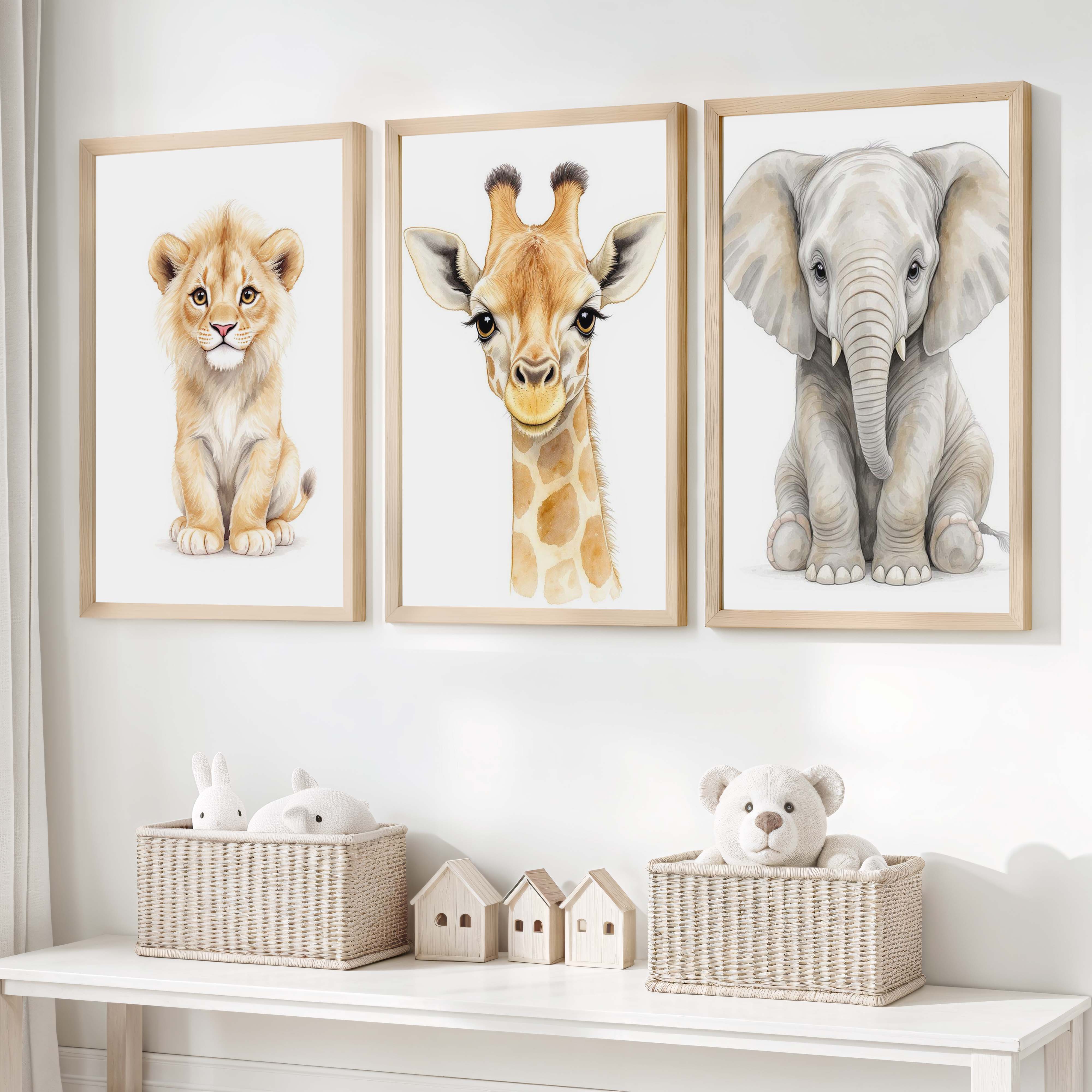 Safari Animal Nursery Room Wall Decor – Set of 3 Prints - Natural Wood Framed Poster No Border - Artworksets