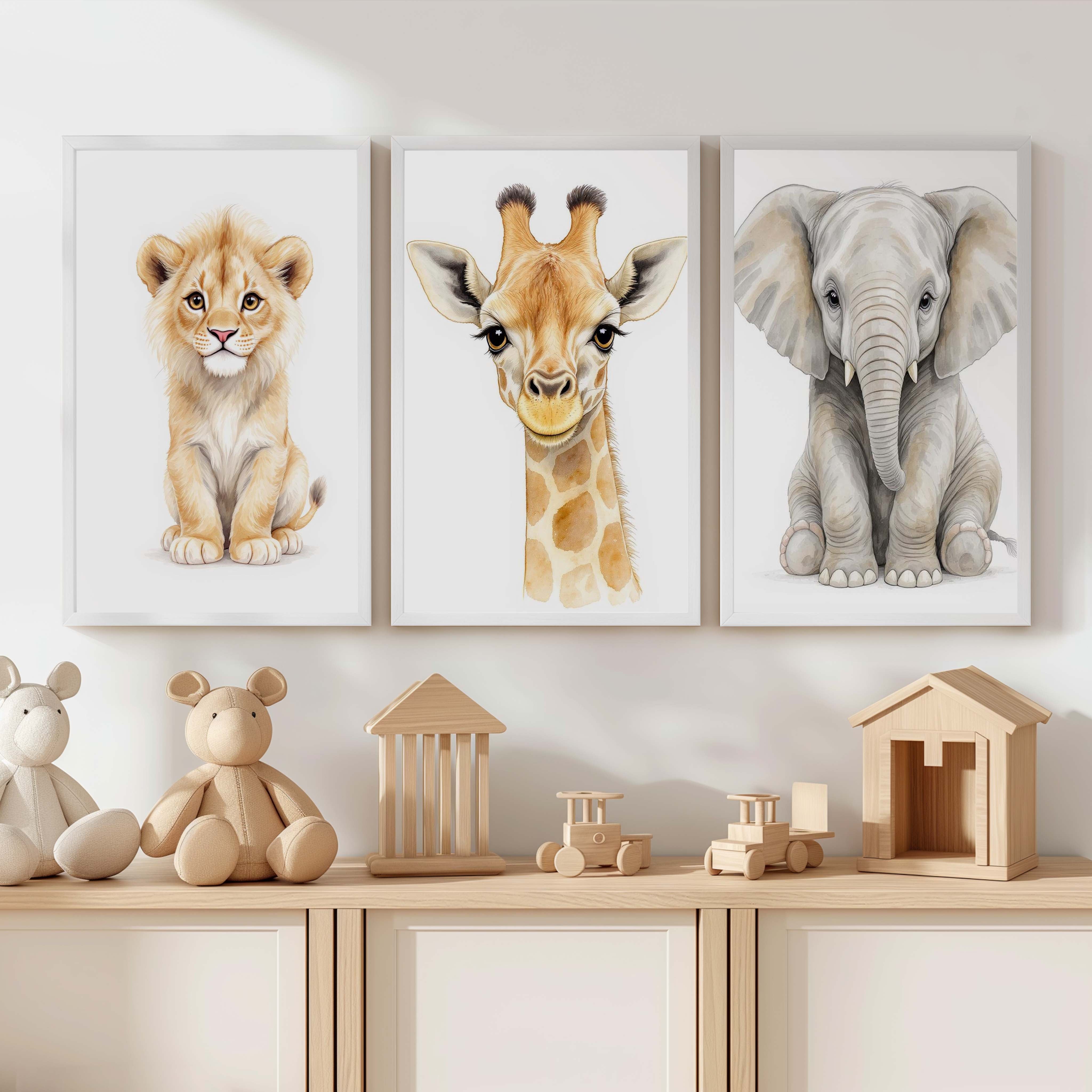 Safari Animal Nursery Room Wall Decor – Set of 3 Prints - White Framed Poster No Border - Artworksets