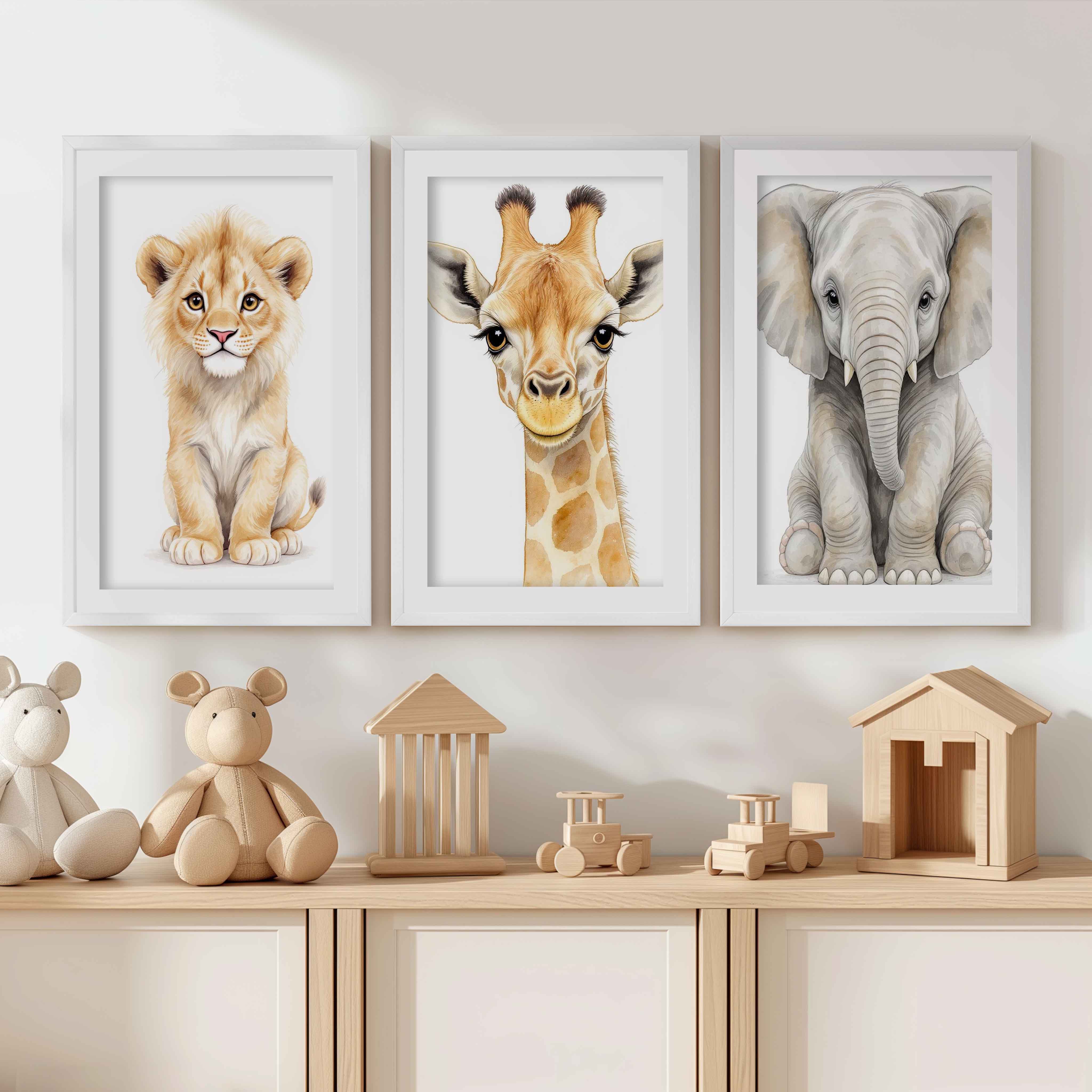 Safari Animal Nursery Room Wall Decor – Set of 3 Prints - White Framed Poster with White Border - Artworksets