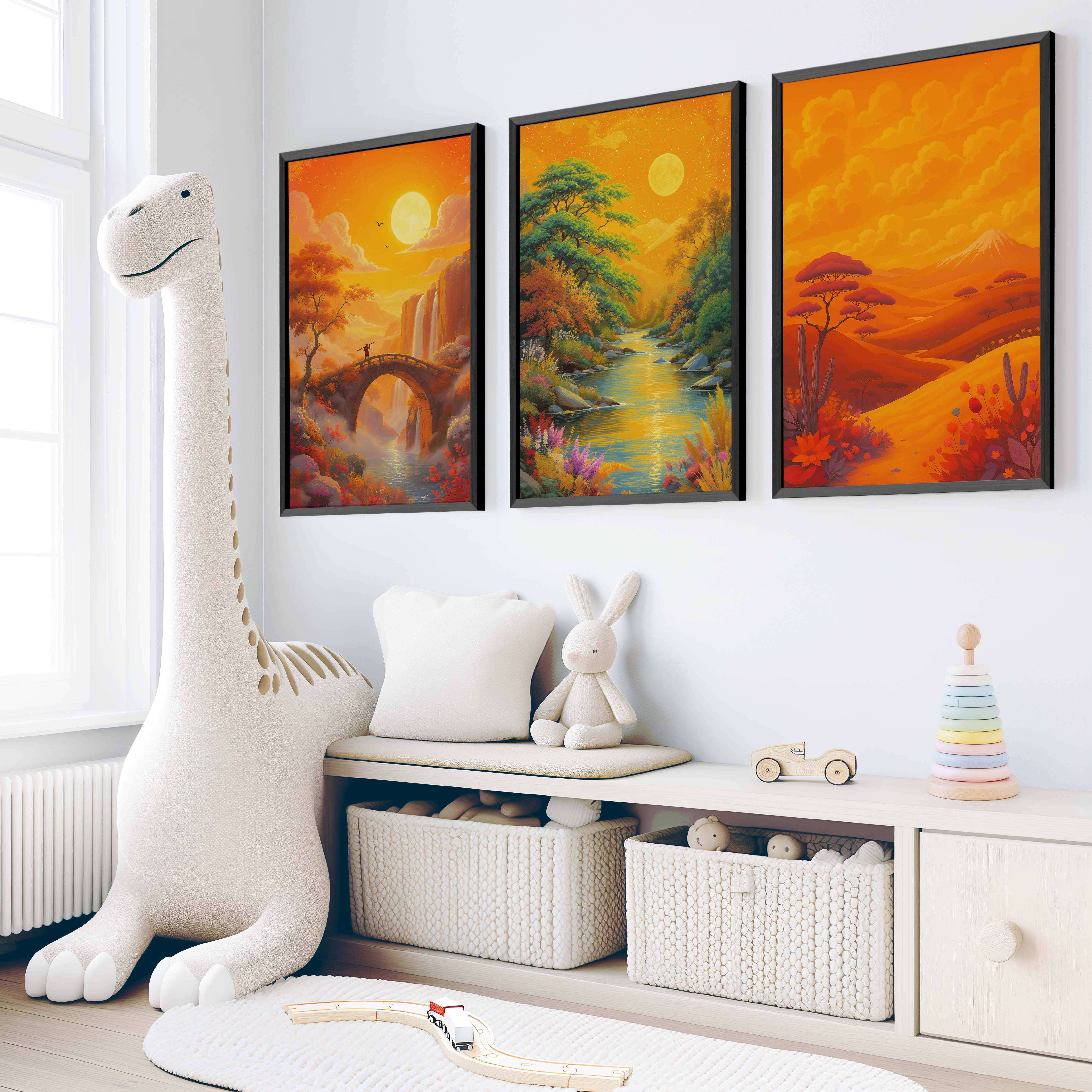 Boho Sunset Landscape Wall Art – Nursery Decor Print Set - Black Framed Poster No Border - Artworksets