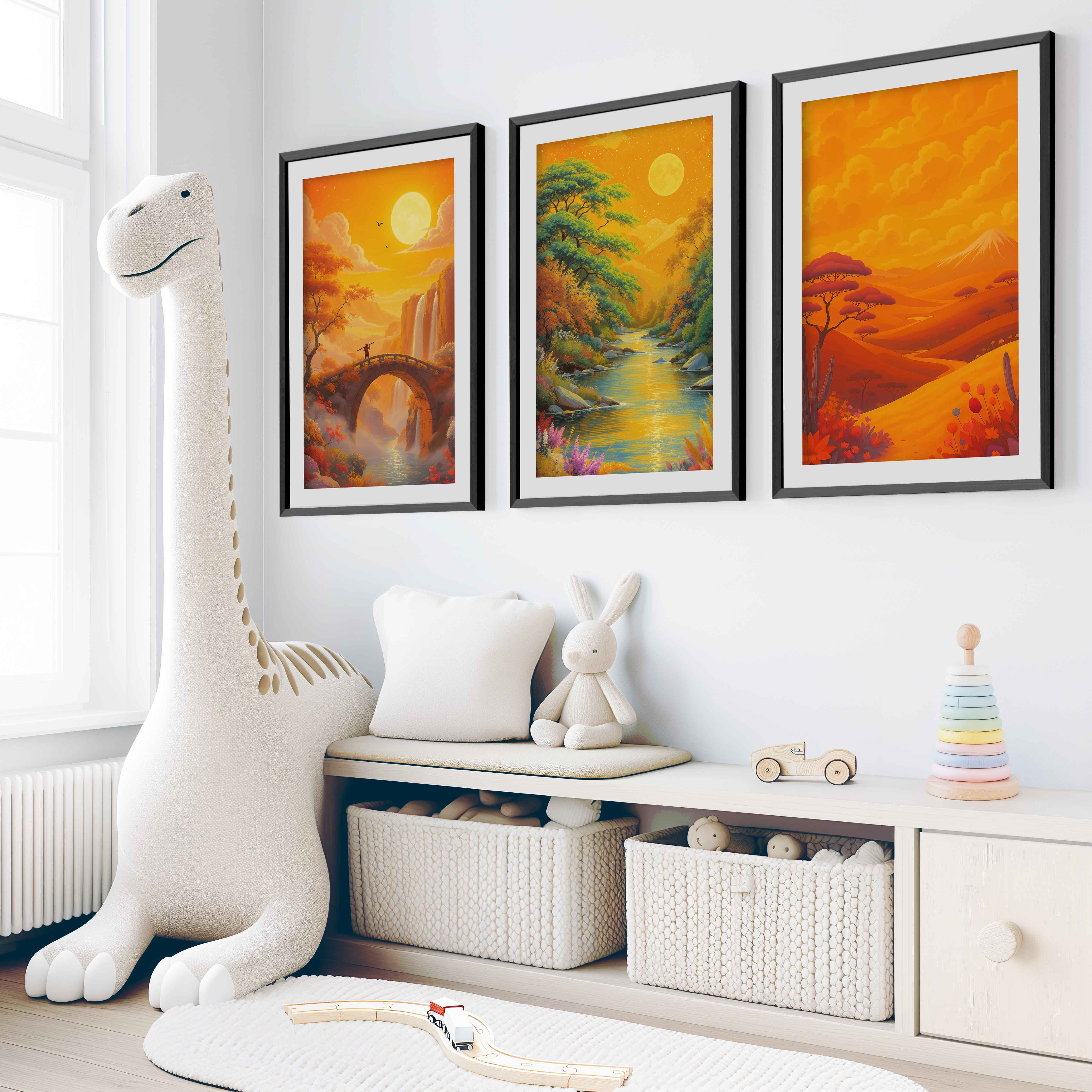 Boho Sunset Landscape Wall Art – Nursery Decor Print Set - Black Framed Poster with White Border - Artworksets