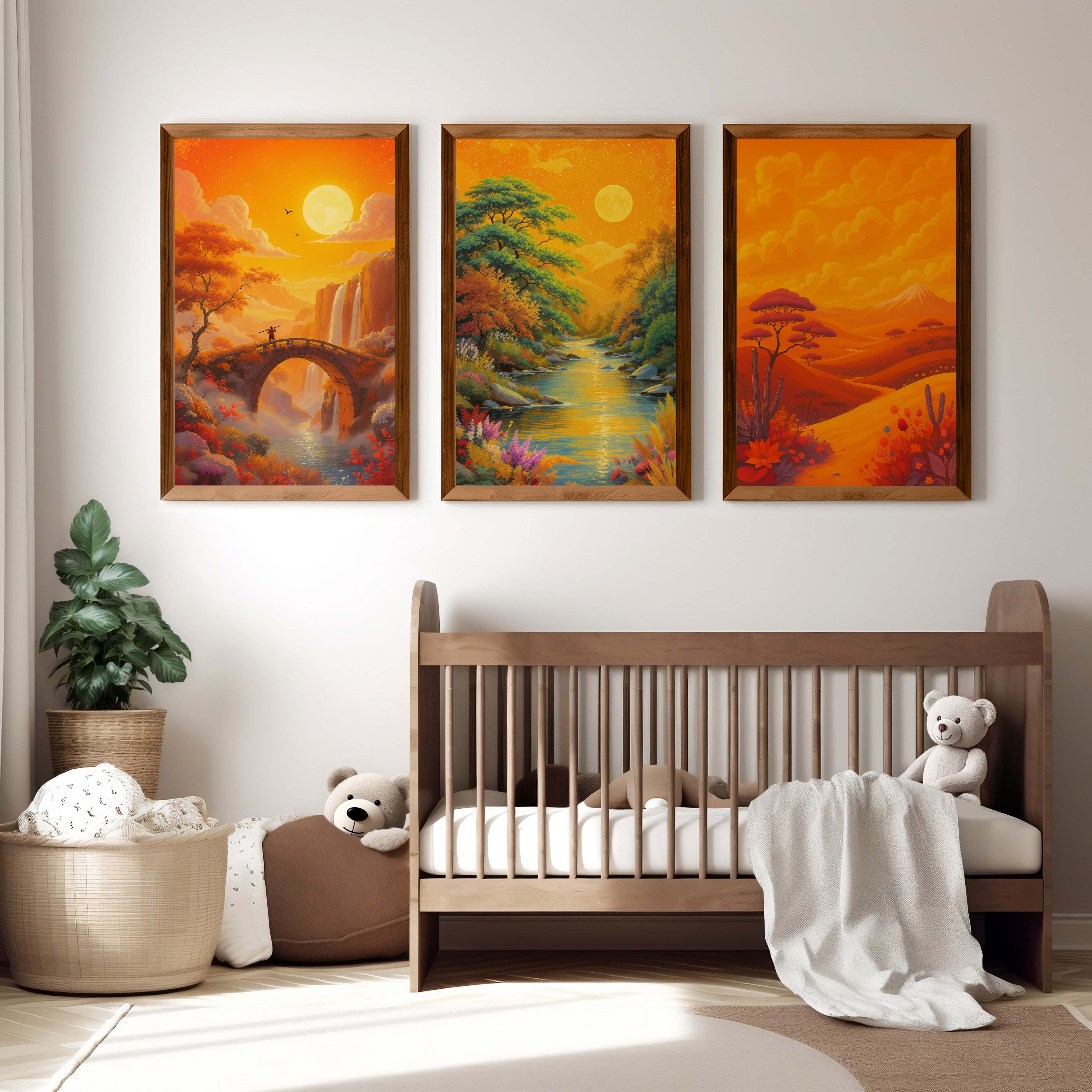 Boho Sunset Landscape Wall Art – Nursery Decor Print Set - Dark Brown Framed Poster No Border - Artworksets