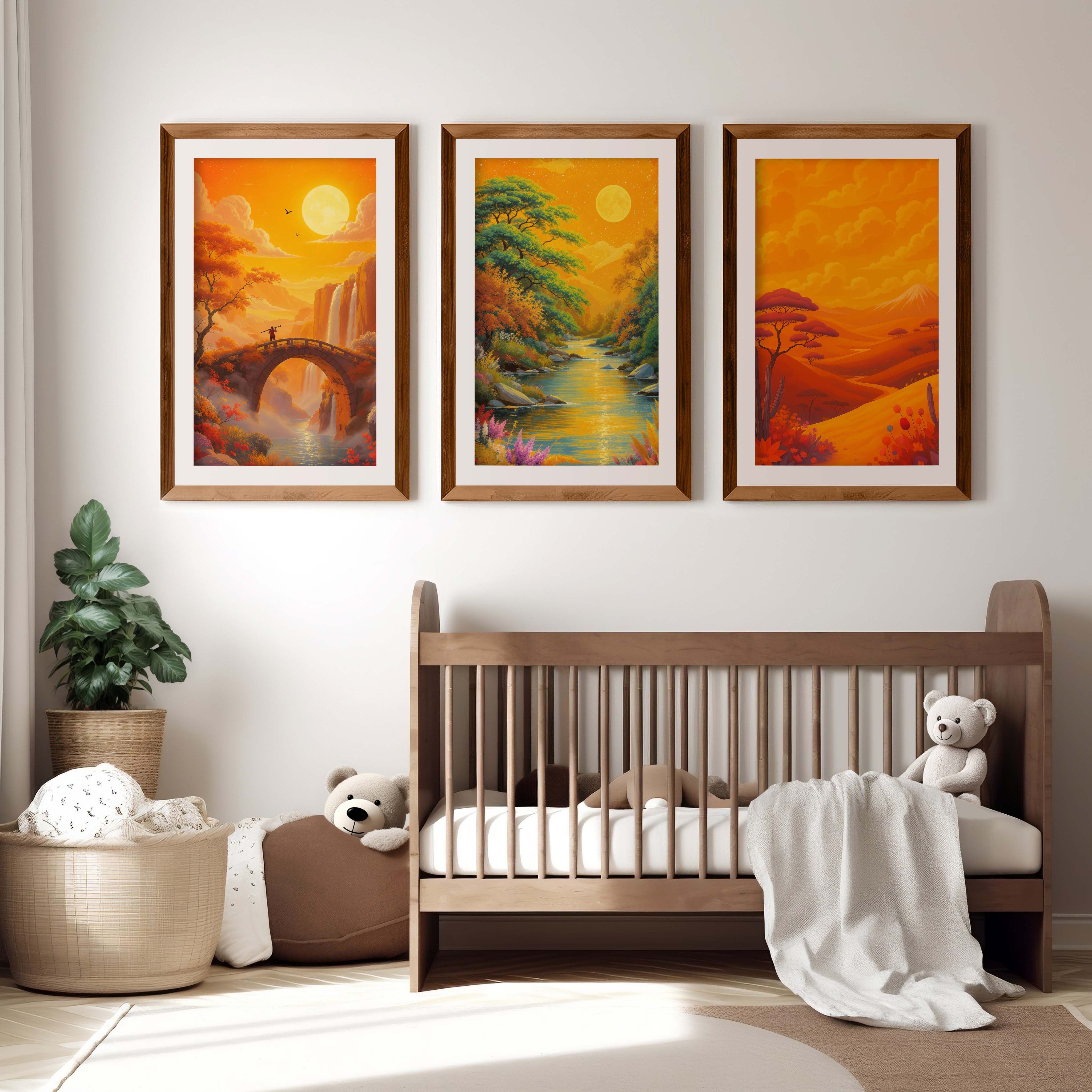 Boho Sunset Landscape Wall Art – Nursery Decor Print Set - Dark Brown Framed Poster with White Border - Artworksets