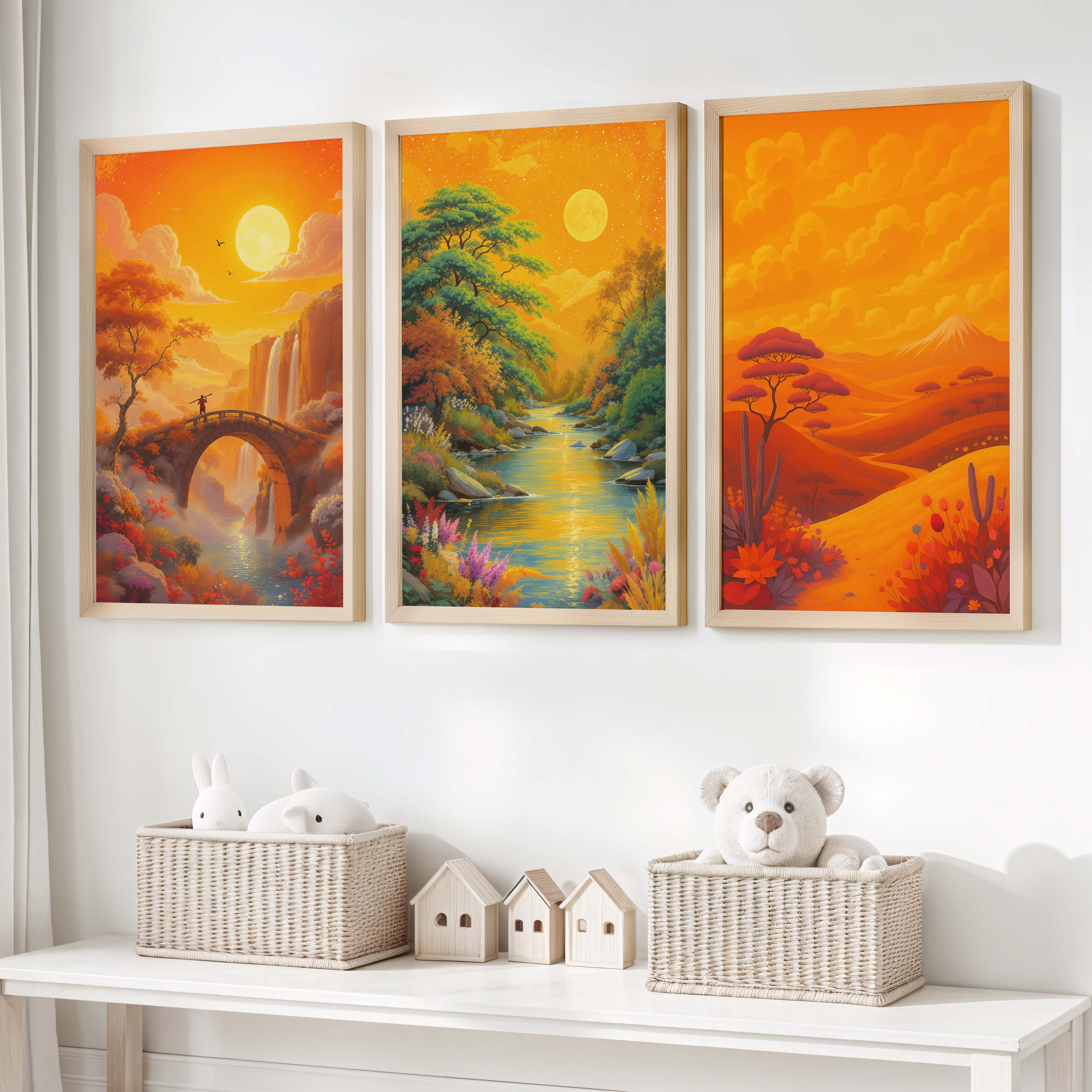 Boho Sunset Landscape Wall Art – Nursery Decor Print Set - Natural Wood Framed Poster No Border - Artworksets
