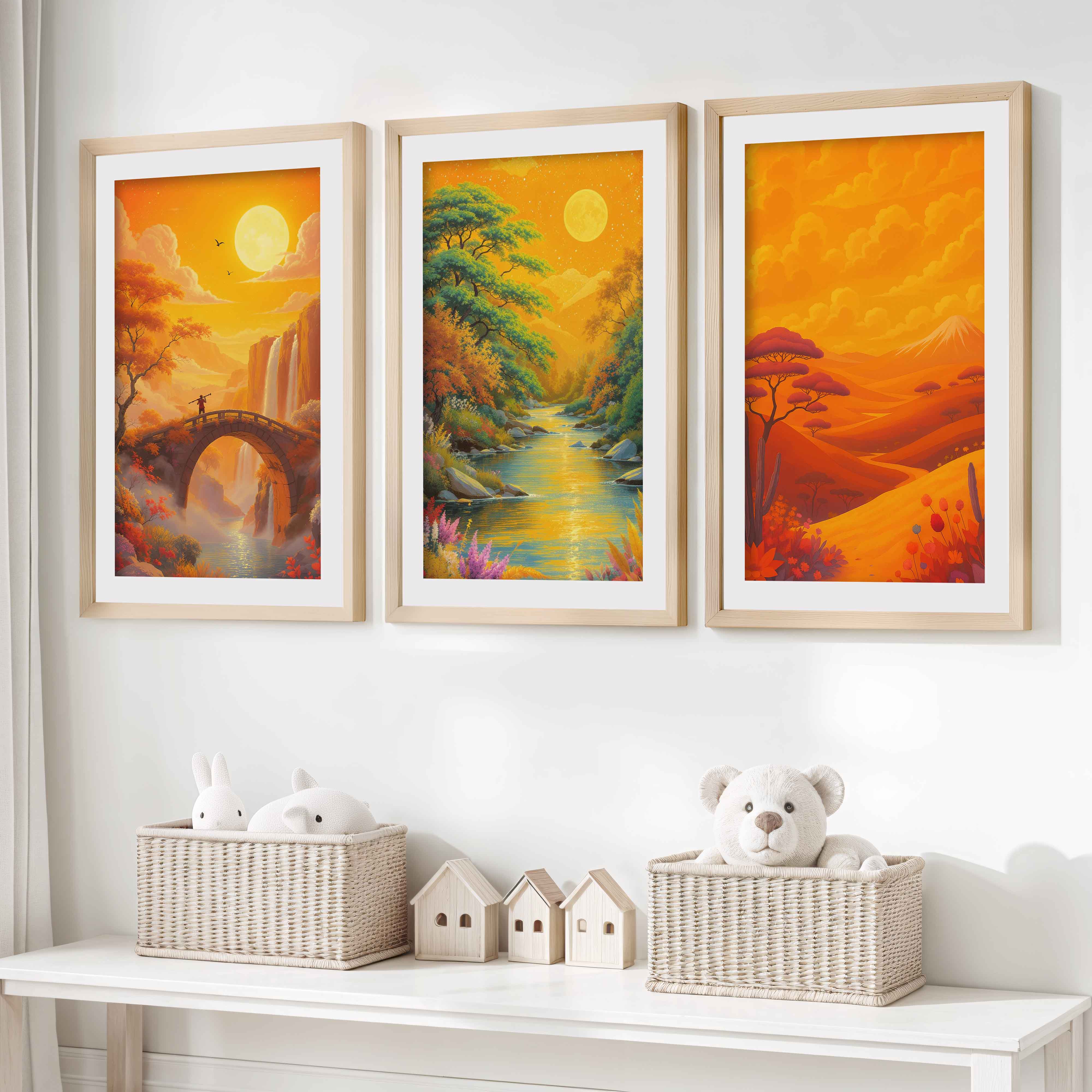Boho Sunset Landscape Wall Art – Nursery Decor Print Set- Natural Wood Framed Poster with White Border - Artworksets