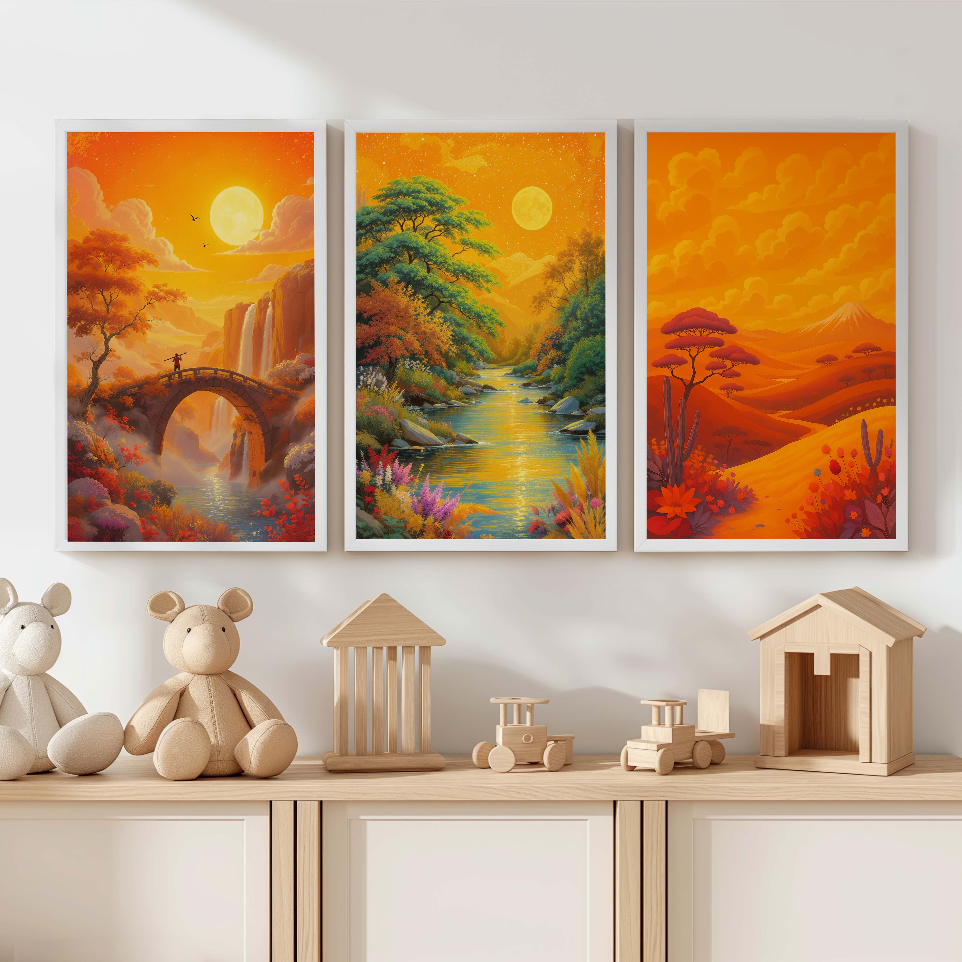 Boho Sunset Landscape Wall Art – Nursery Decor Print Set - White Framed Poster No Border - Artworksets