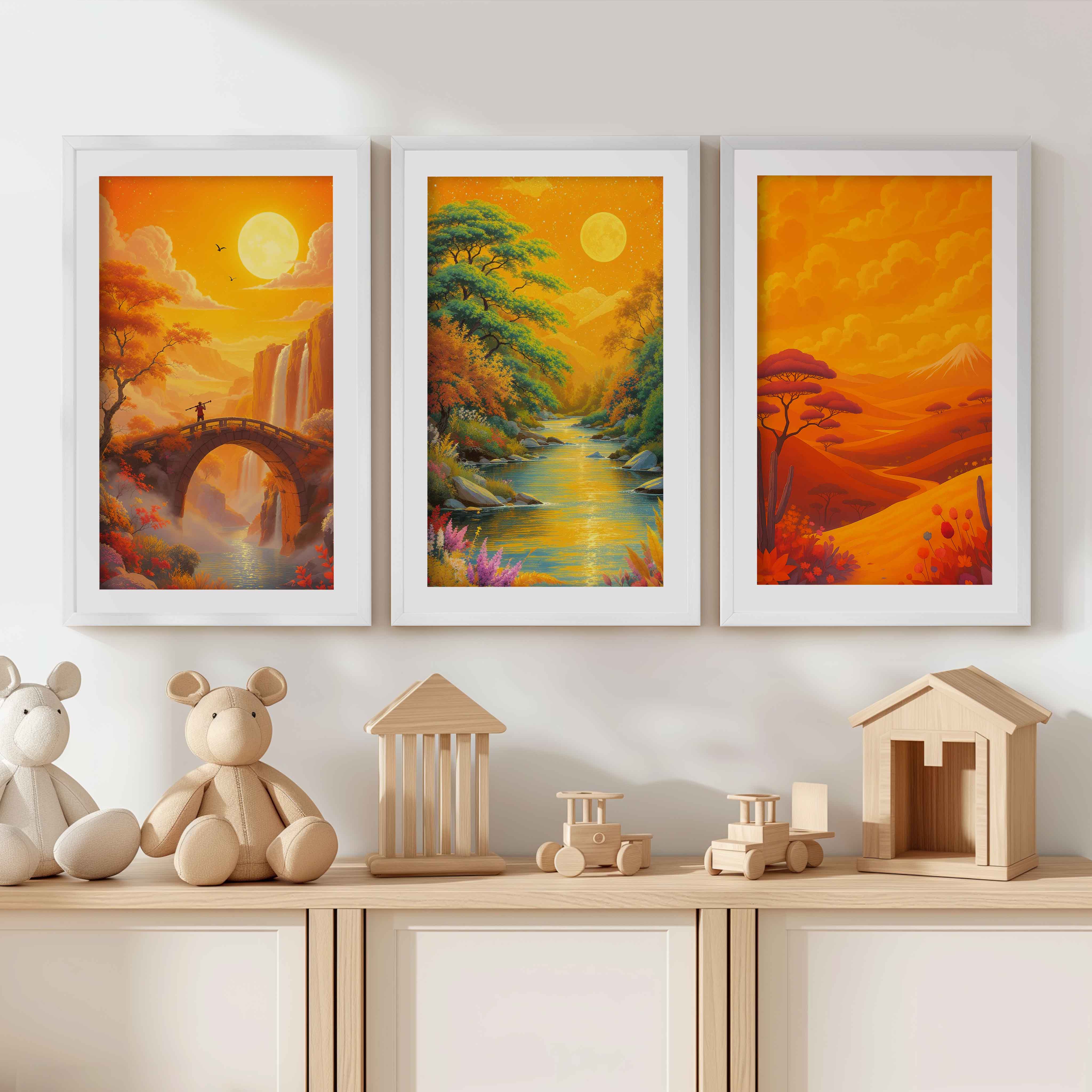 Boho Sunset Landscape Wall Art – Nursery Decor Print Set - White Framed Poster with White Border - Artworksets