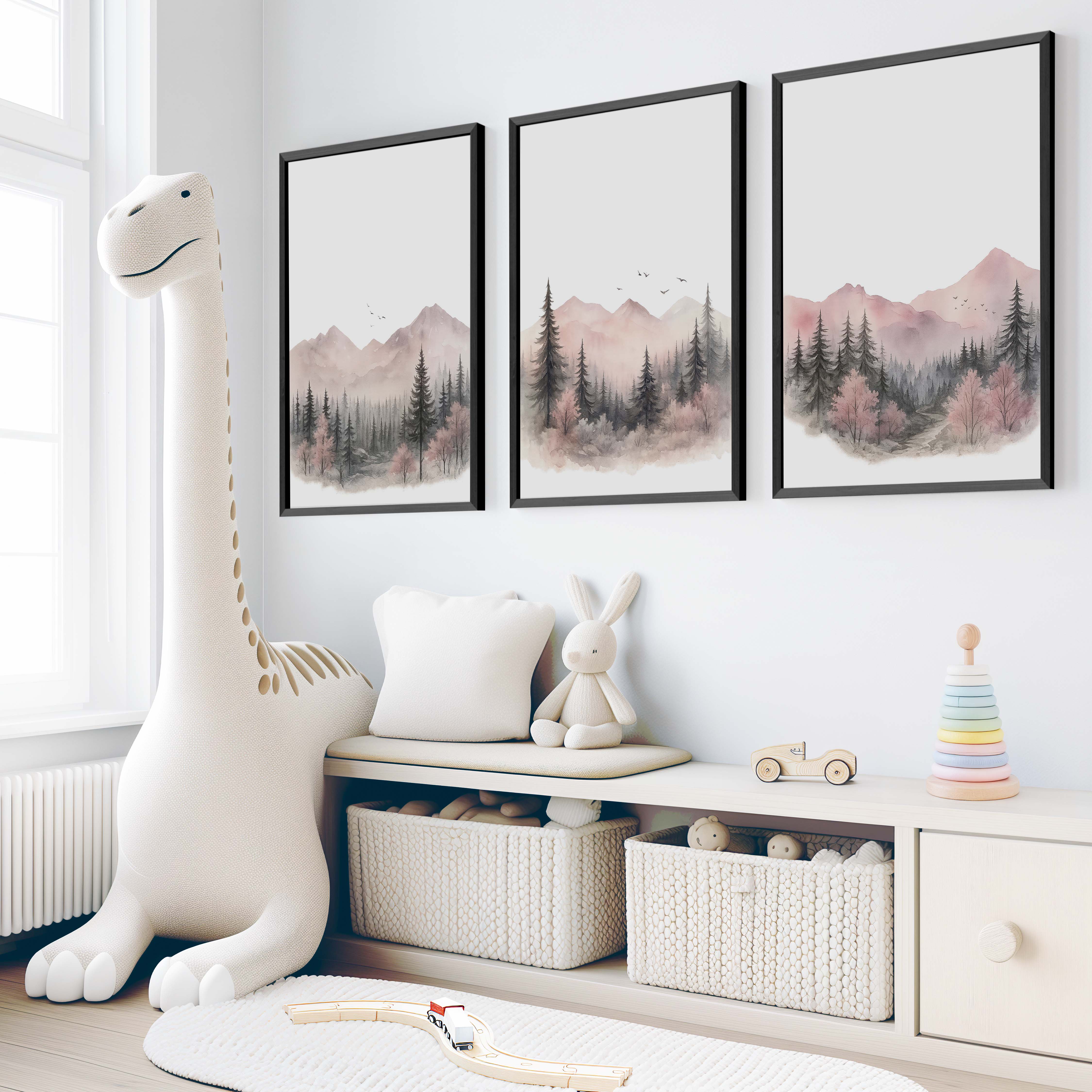 Pink Mountain Forest Nursery Wall Art – 3 Piece Set - Black Framed Poster No Border - Artworksets