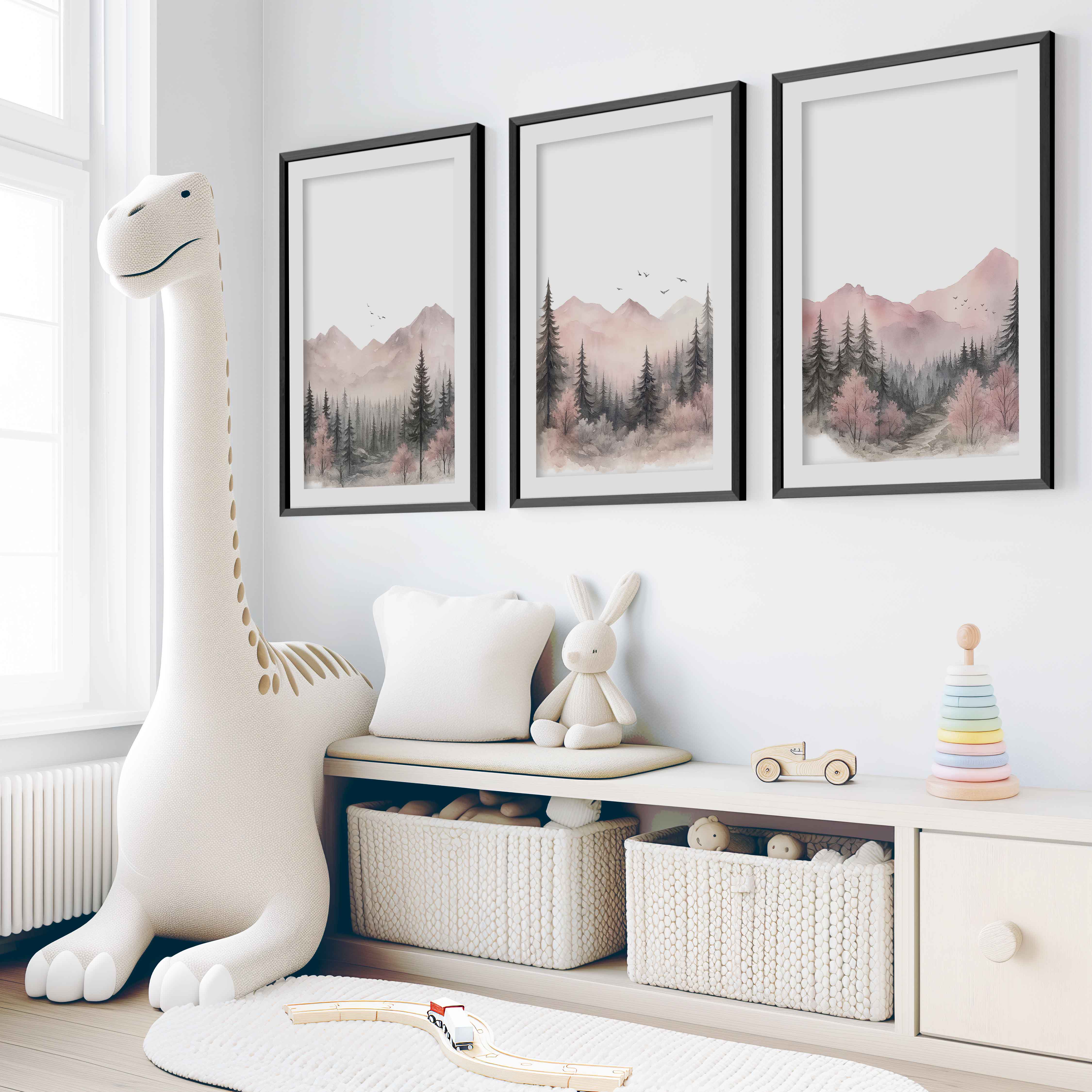 Pink Mountain Forest Nursery Wall Art – 3 Piece Set - Black Framed Poster with White Border - Artworksets