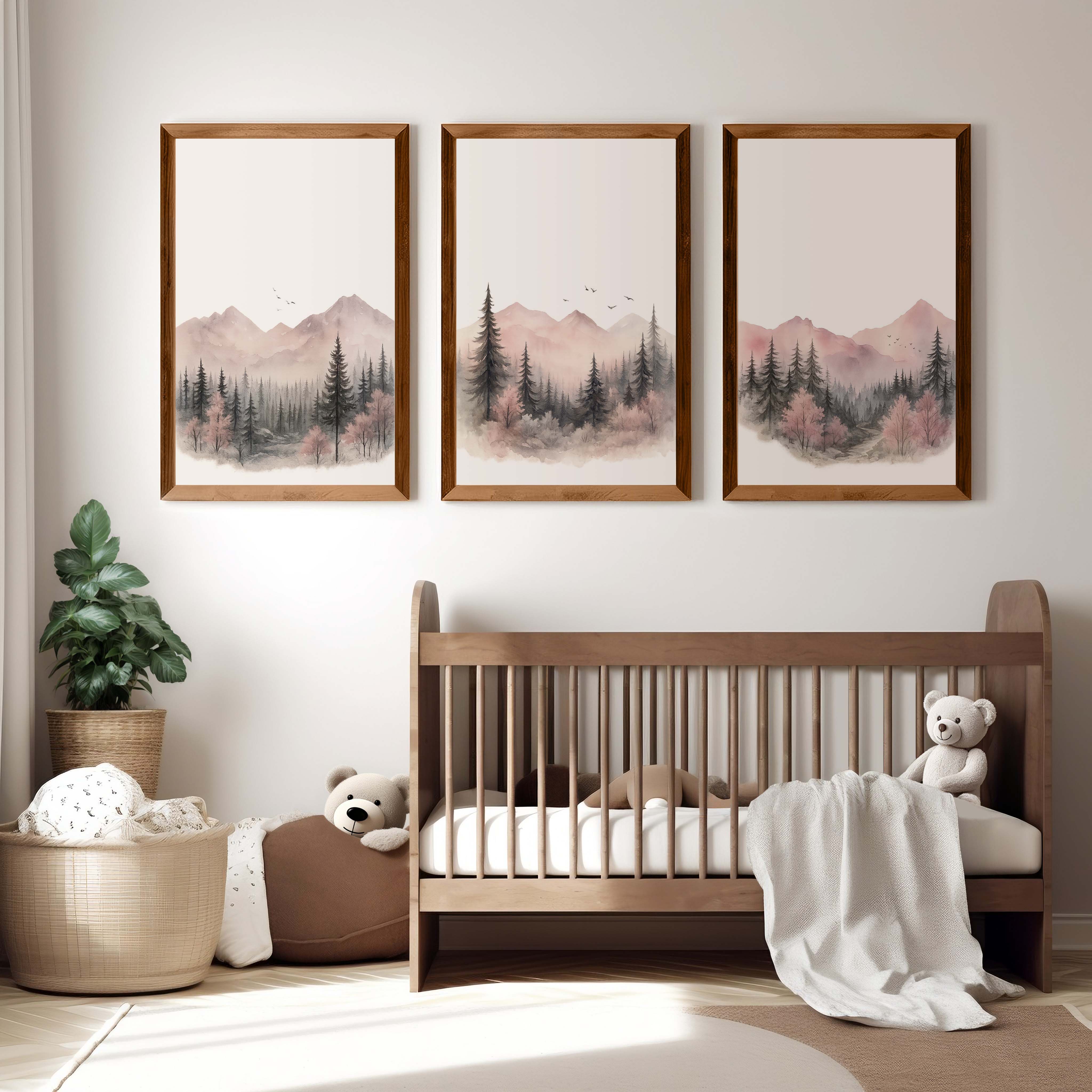 Pink Mountain Forest Nursery Wall Art – 3 Piece Set - Dark Brown Framed Poster No Border - Artworksets