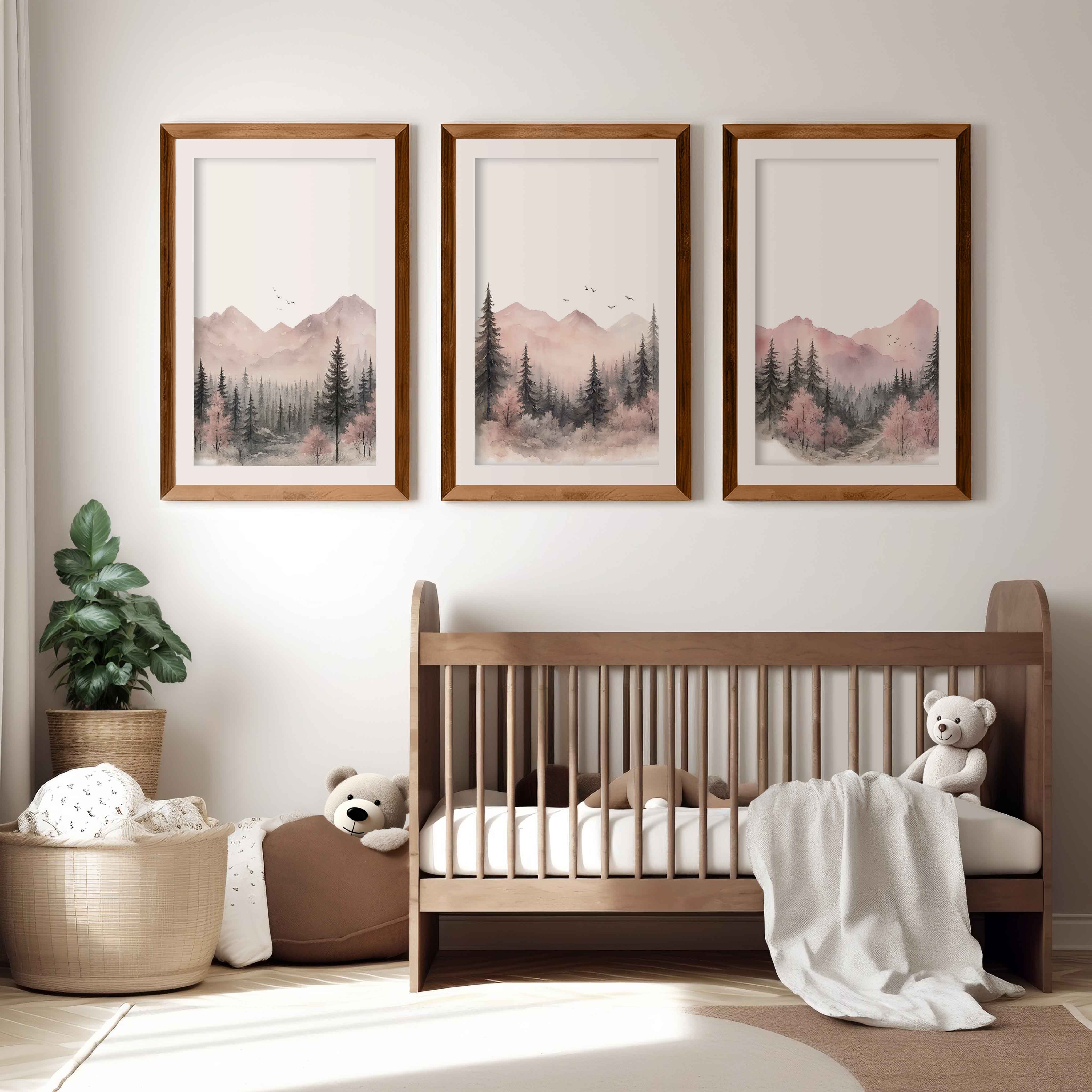Pink Mountain Forest Nursery Wall Art – 3 Piece Set - Dark Brown Framed Poster with White Border - Artworksets