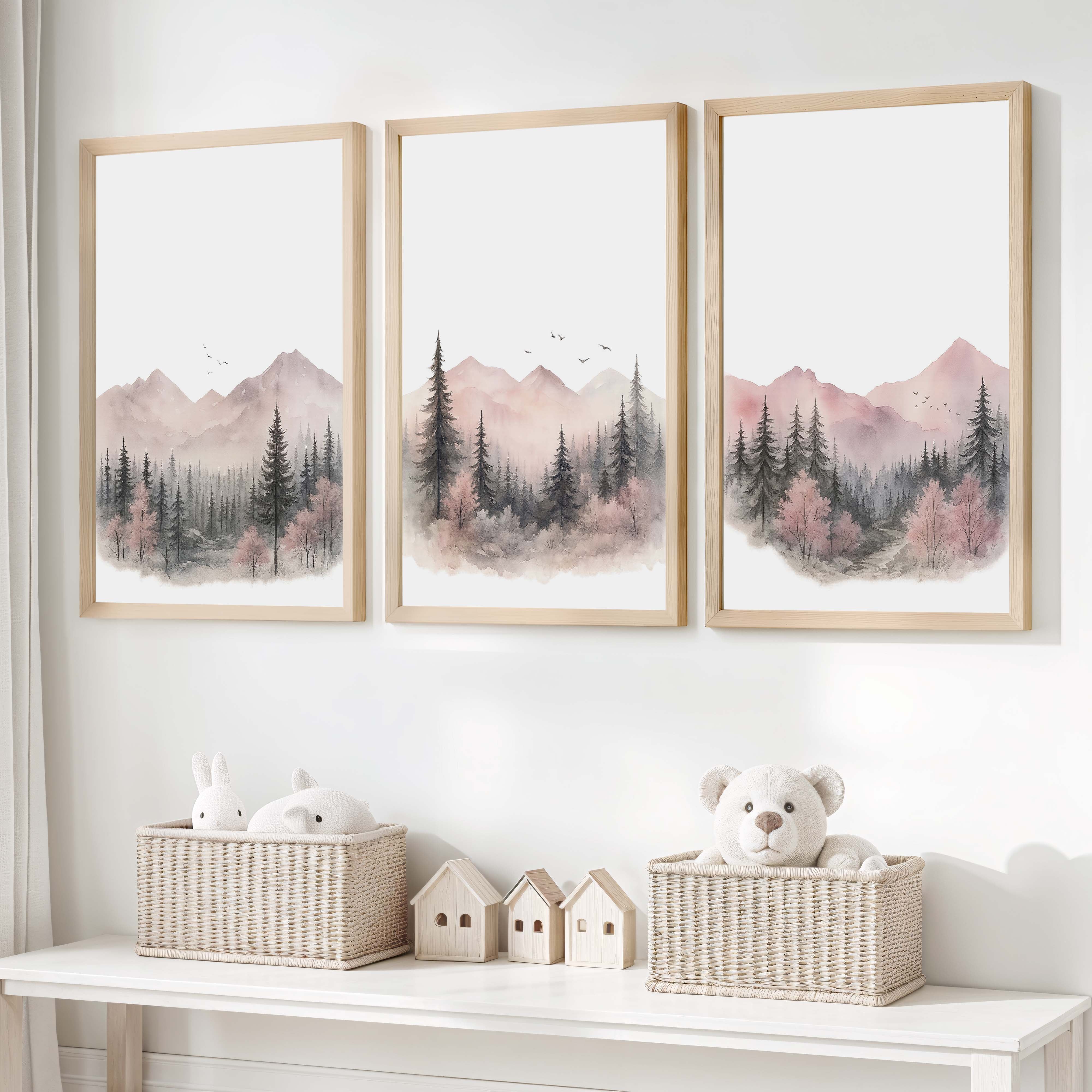 Pink Mountain Forest Nursery Wall Art – 3 Piece Set - Natural Wood Framed Poster No Border - Artworksets