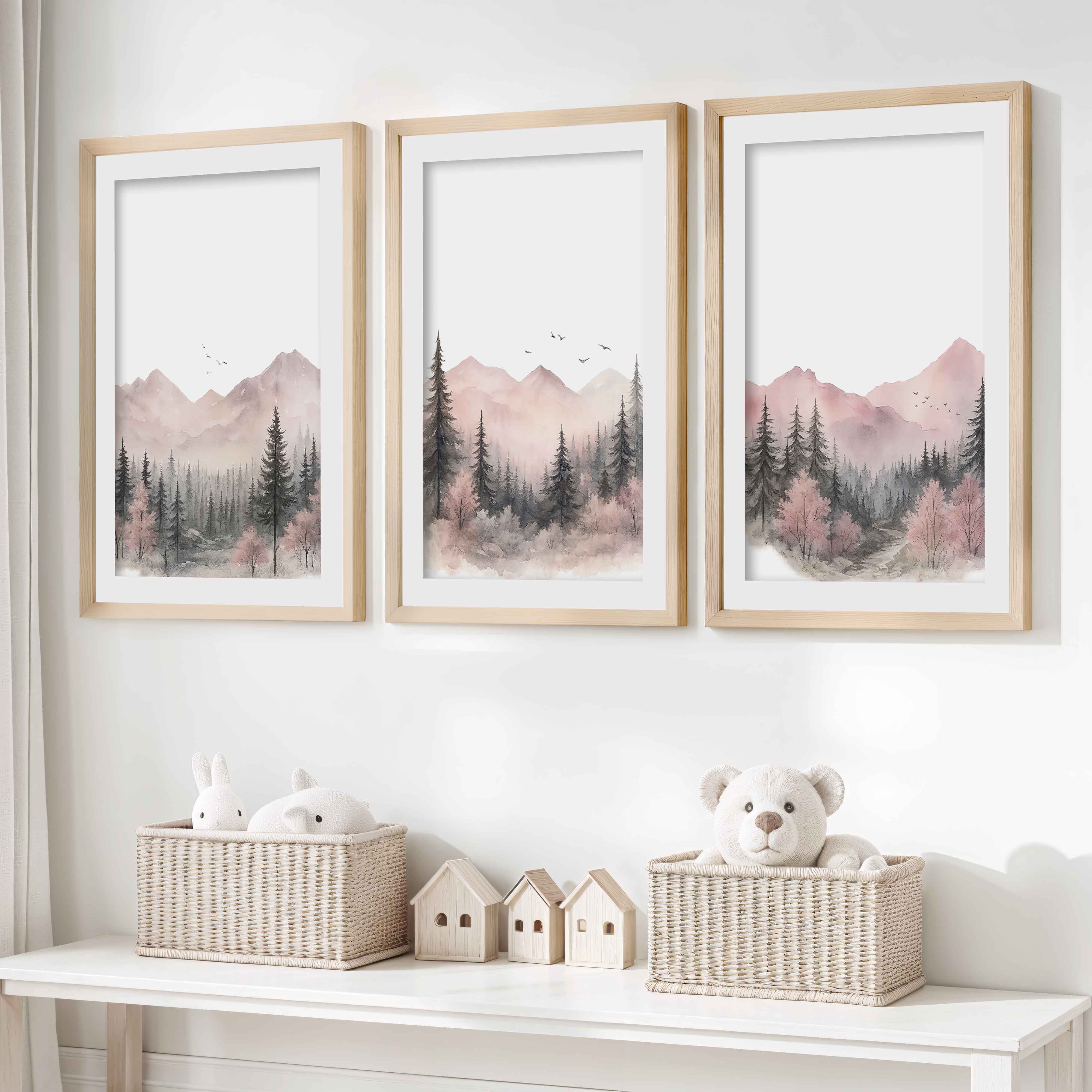 Pink Mountain Forest Nursery Wall Art – 3 Piece Set- Natural Wood Framed Poster with White Border - Artworksets