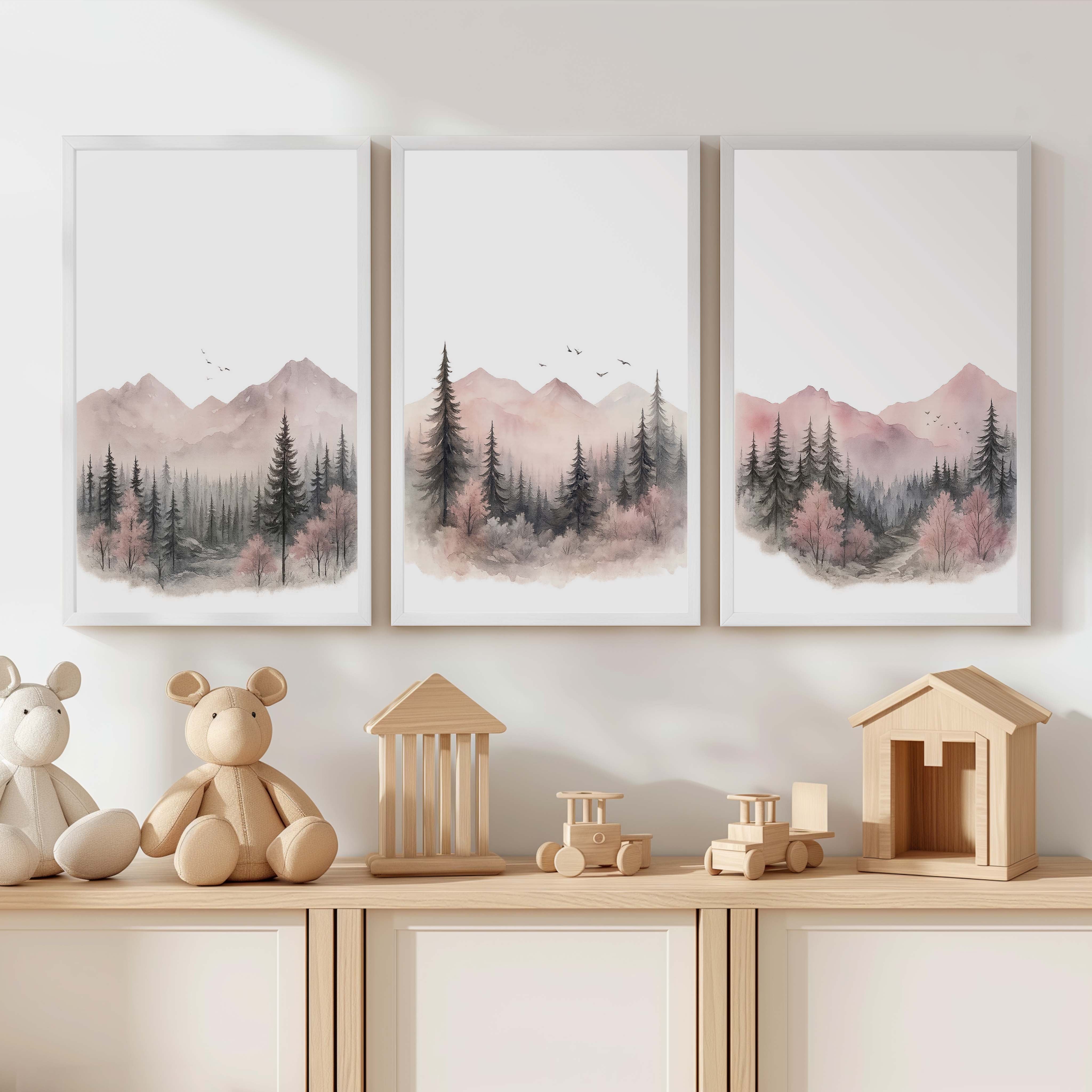 Pink Mountain Forest Nursery Wall Art – 3 Piece Set - White Framed Poster No Border - Artworksets