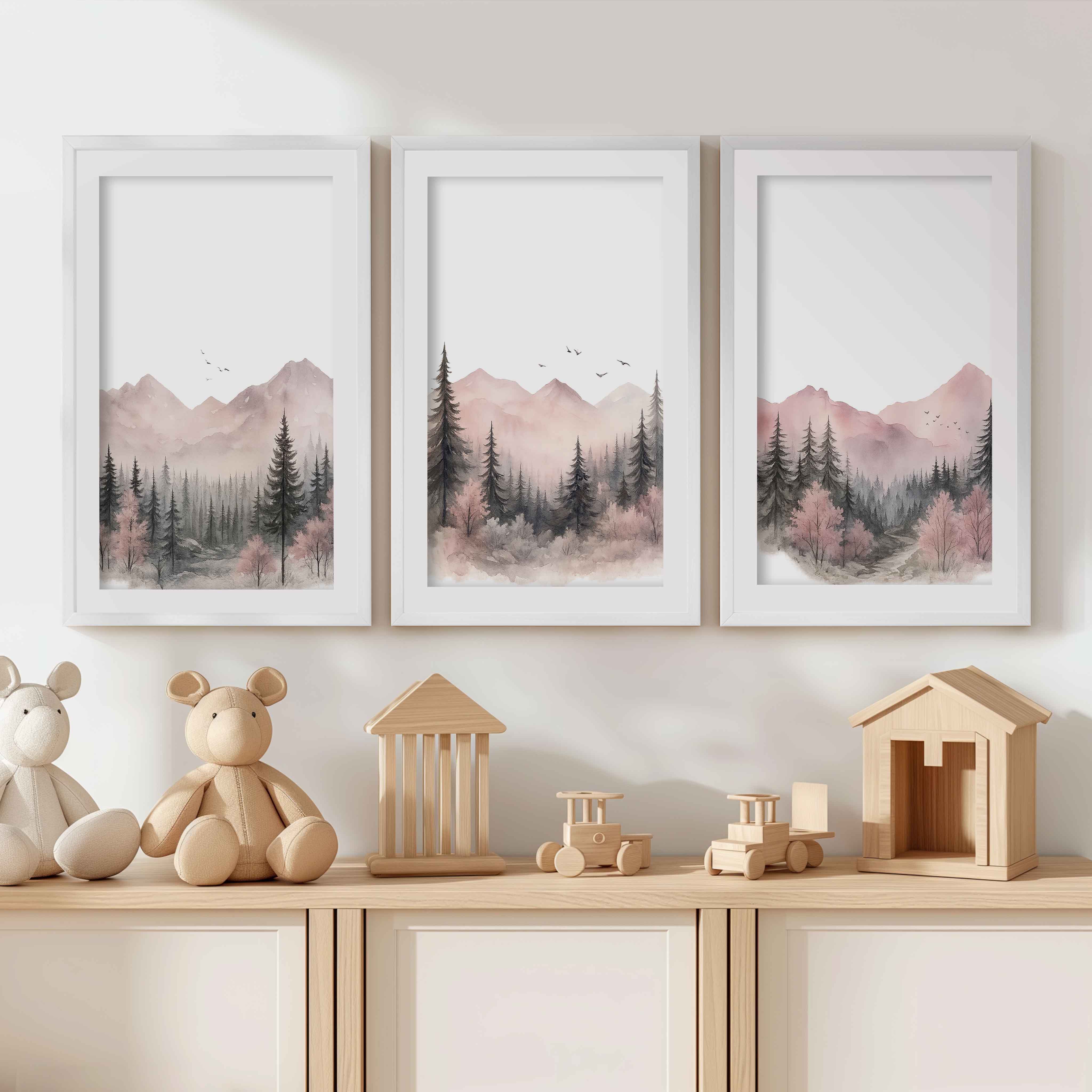 Pink Mountain Forest Nursery Wall Art – 3 Piece Set - White Framed Poster with White Border - Artworksets