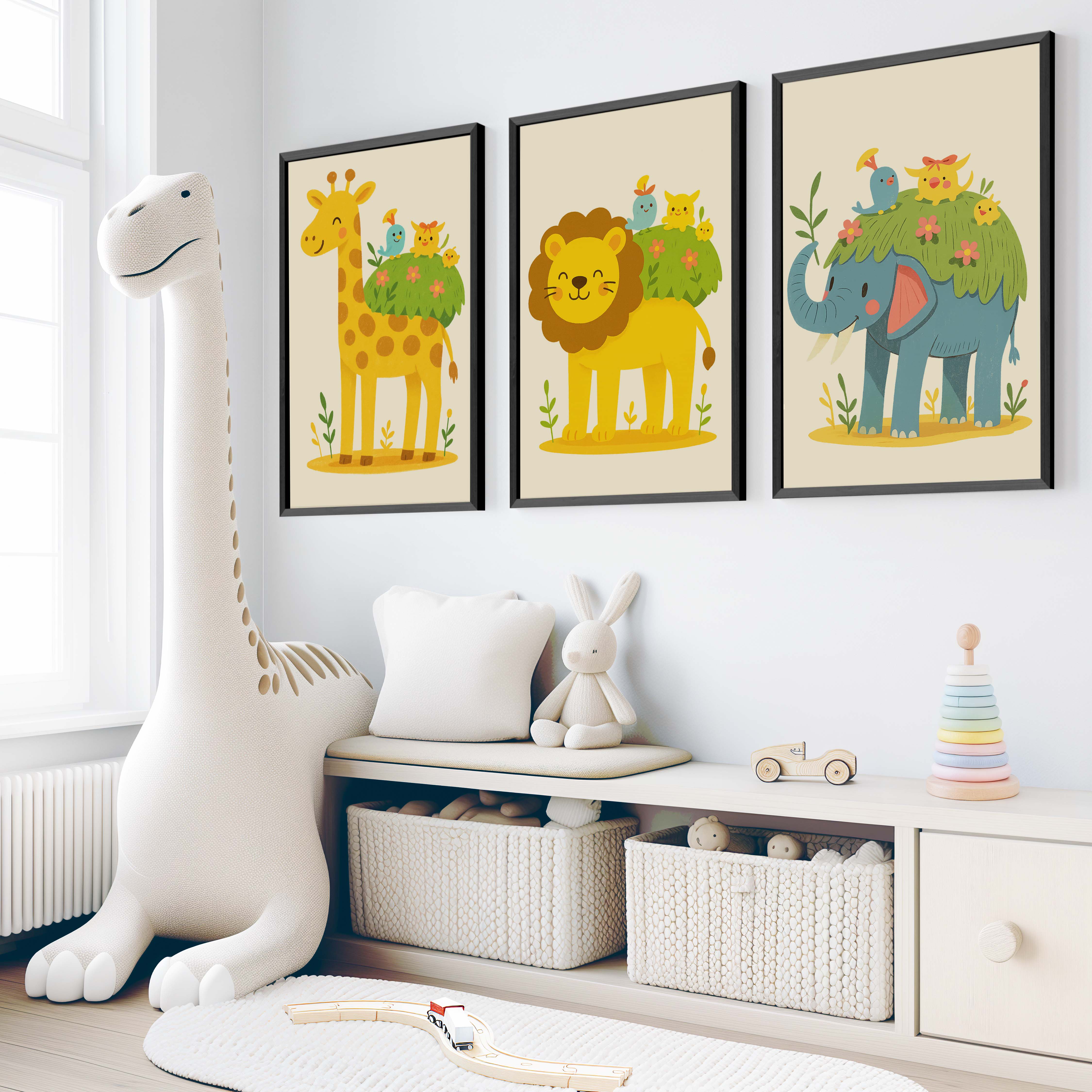 Safari Nursery Wall Art – Jungle Animal Print Set - Black Framed Poster No Border - Artworksets