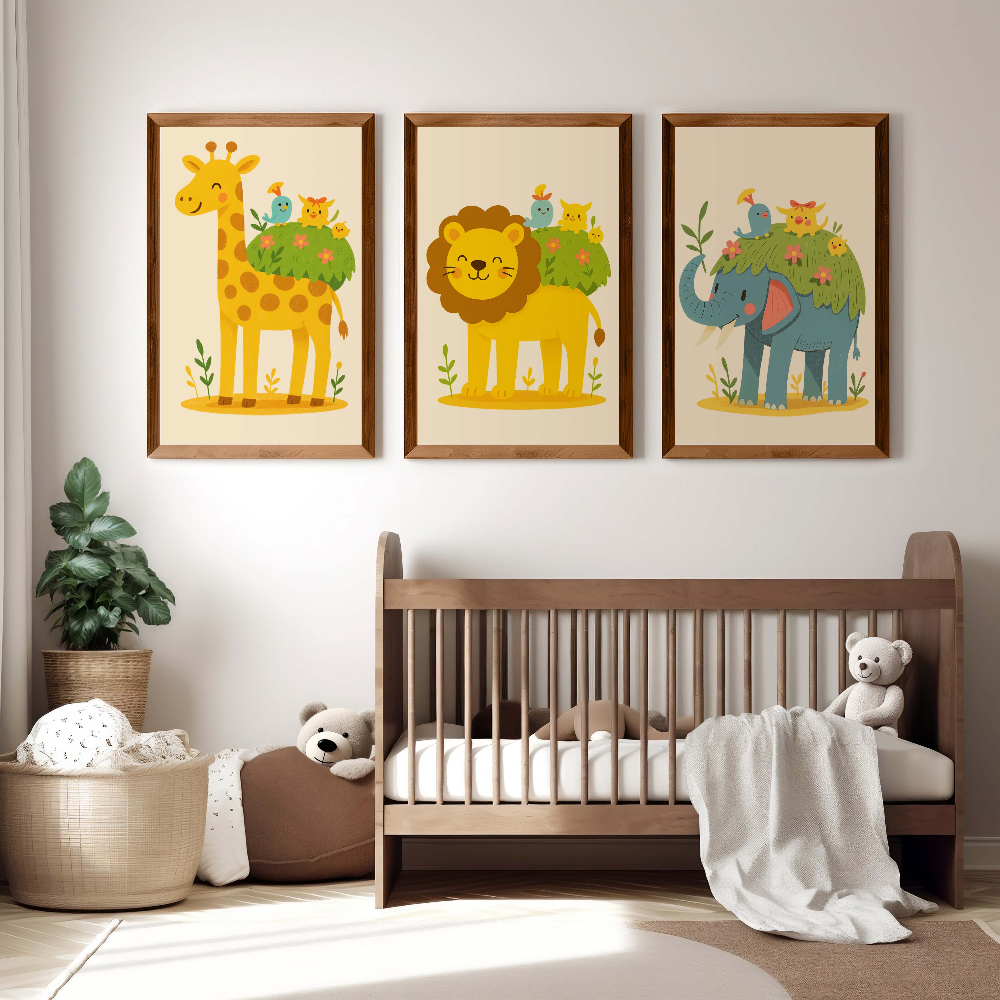 Safari Nursery Wall Art – Jungle Animal Print Set - Dark Brown Framed Poster No Border - Artworksets