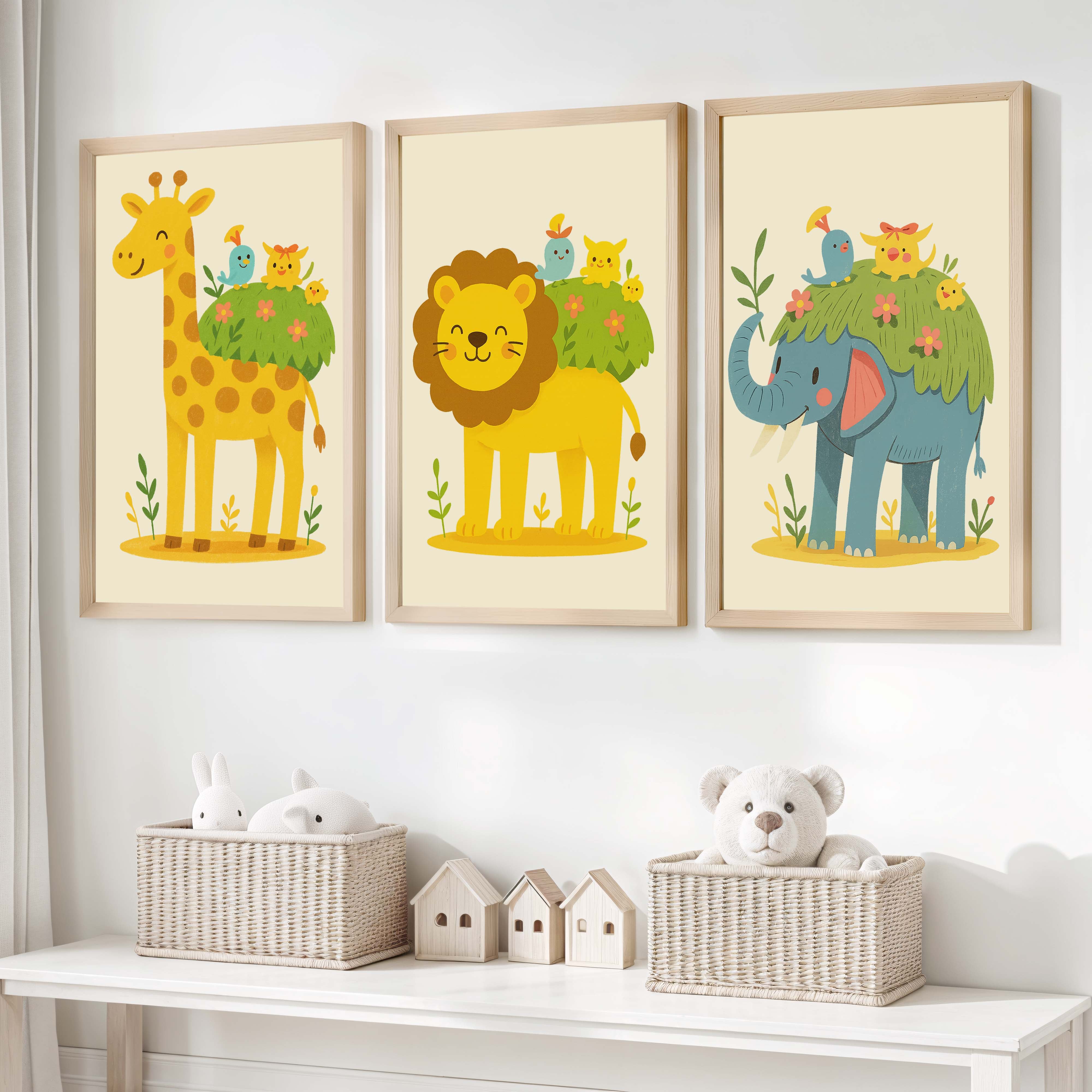 Safari Nursery Wall Art – Jungle Animal Print Set - Natural Wood Framed Poster No Border - Artworksets