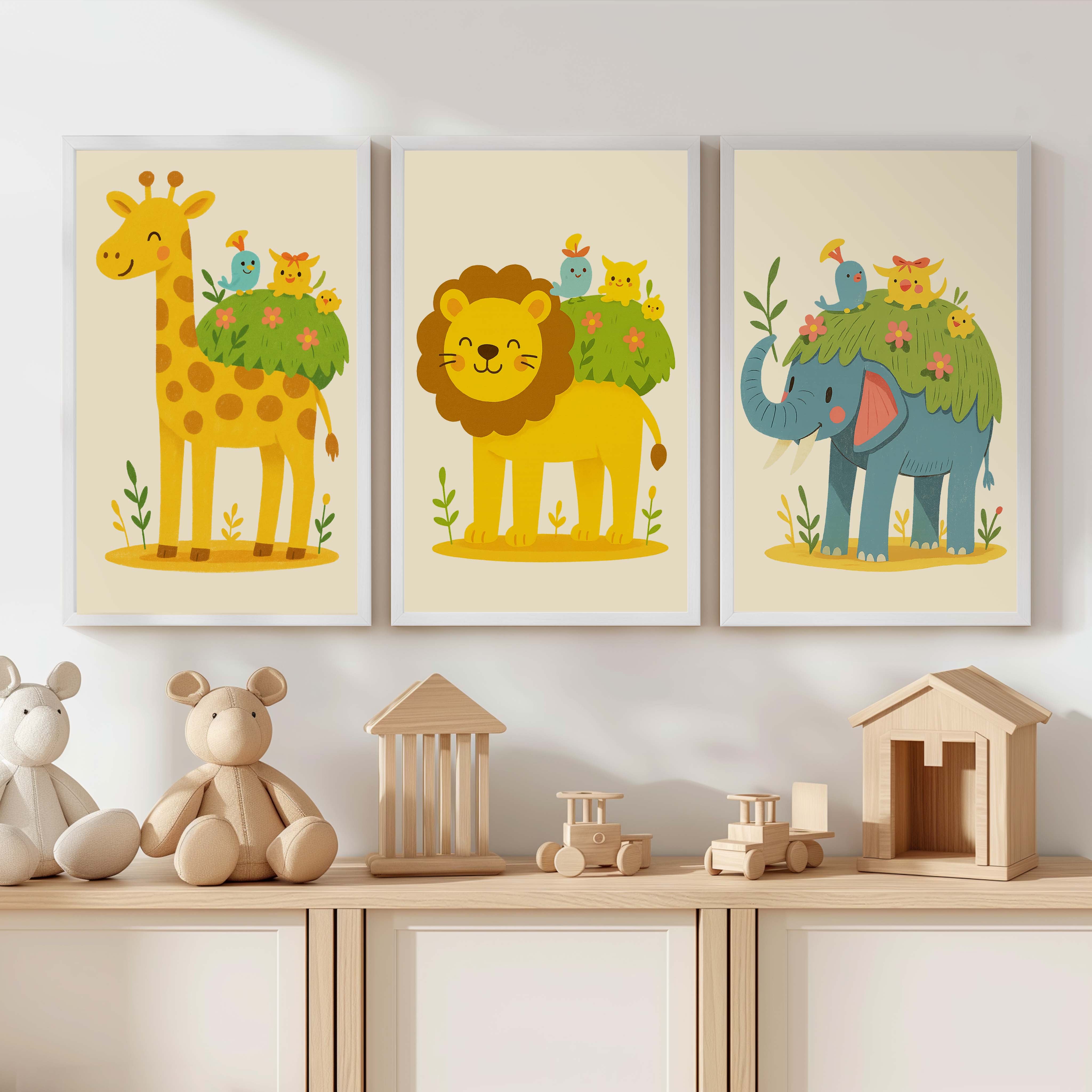 Safari Nursery Wall Art – Jungle Animal Print Set - White Framed Poster No Border - Artworksets