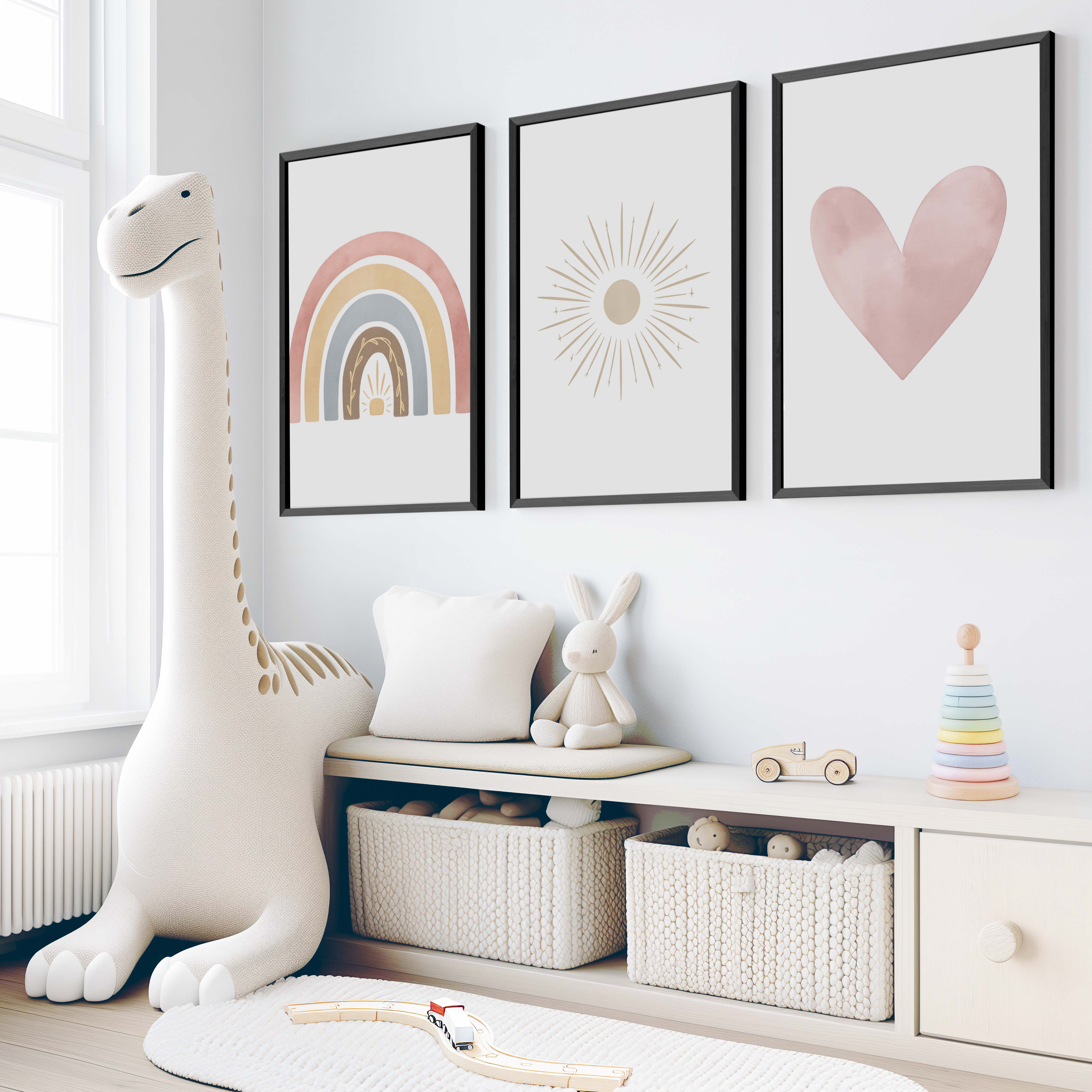 Neutral Nursery Wall Decor – Rainbow, Sun & Heart Print Set (3) - Black Framed Poster No Border - Artworksets