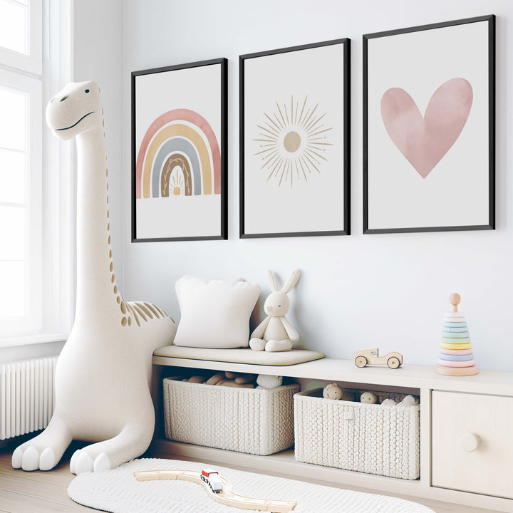 Neutral Nursery Wall Decor – Rainbow, Sun & Heart Print Set (3) - Black Framed Poster No Border - Artworksets