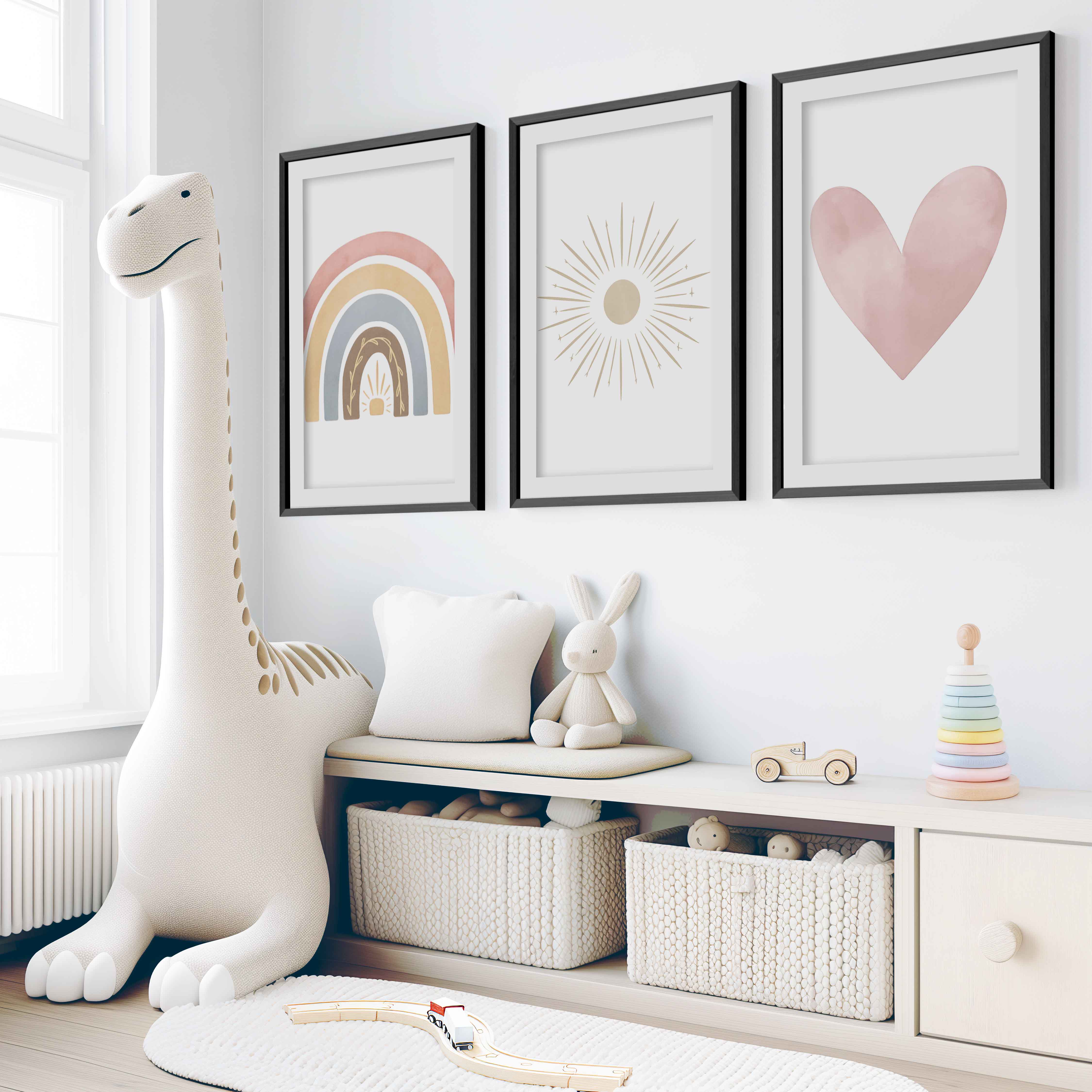 Neutral Nursery Wall Decor – Rainbow, Sun & Heart Print Set (3) - Black Framed Poster with White Border - Artworksets