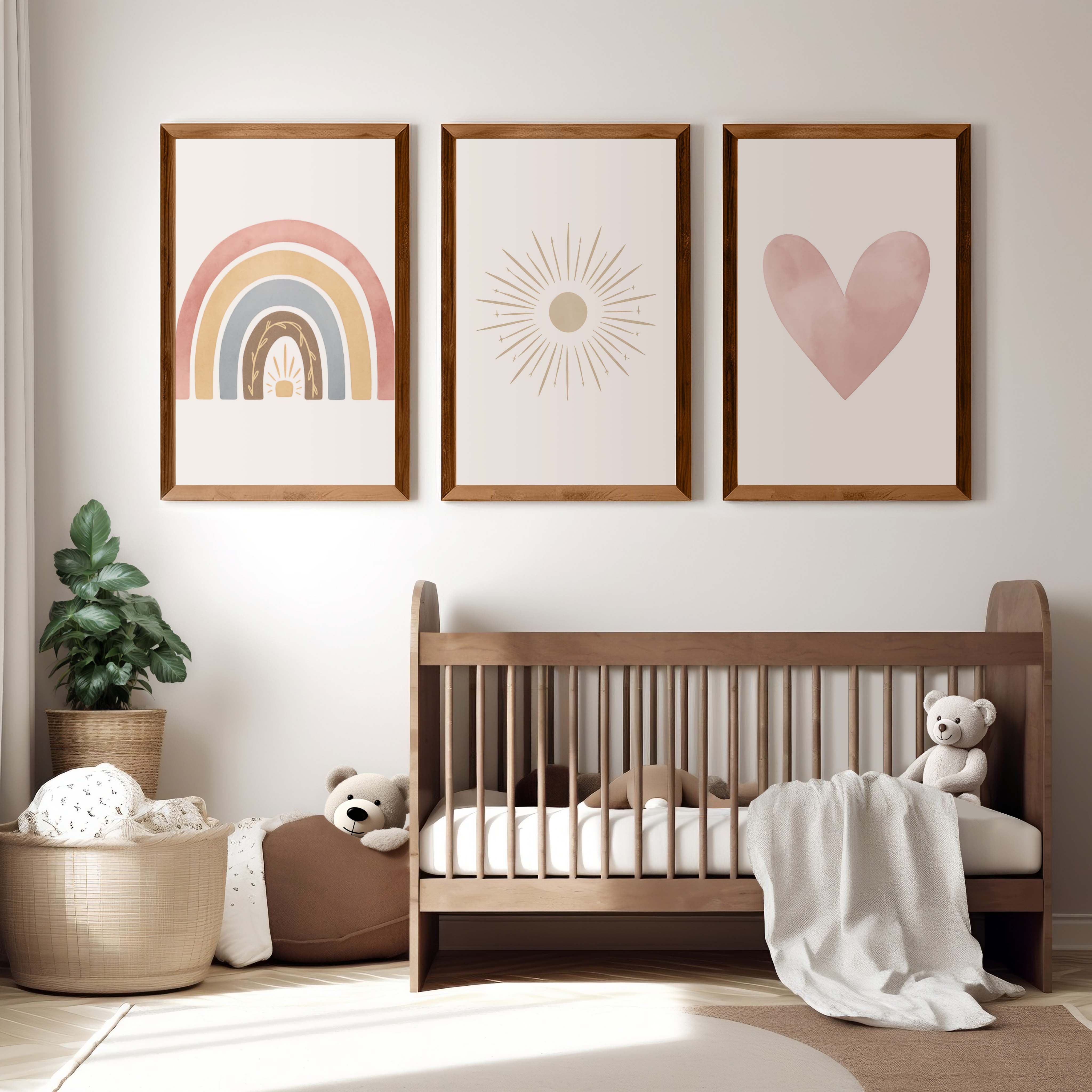 Neutral Nursery Wall Decor – Rainbow, Sun & Heart Print Set (3) - Dark Brown Framed Poster No Border - Artworksets